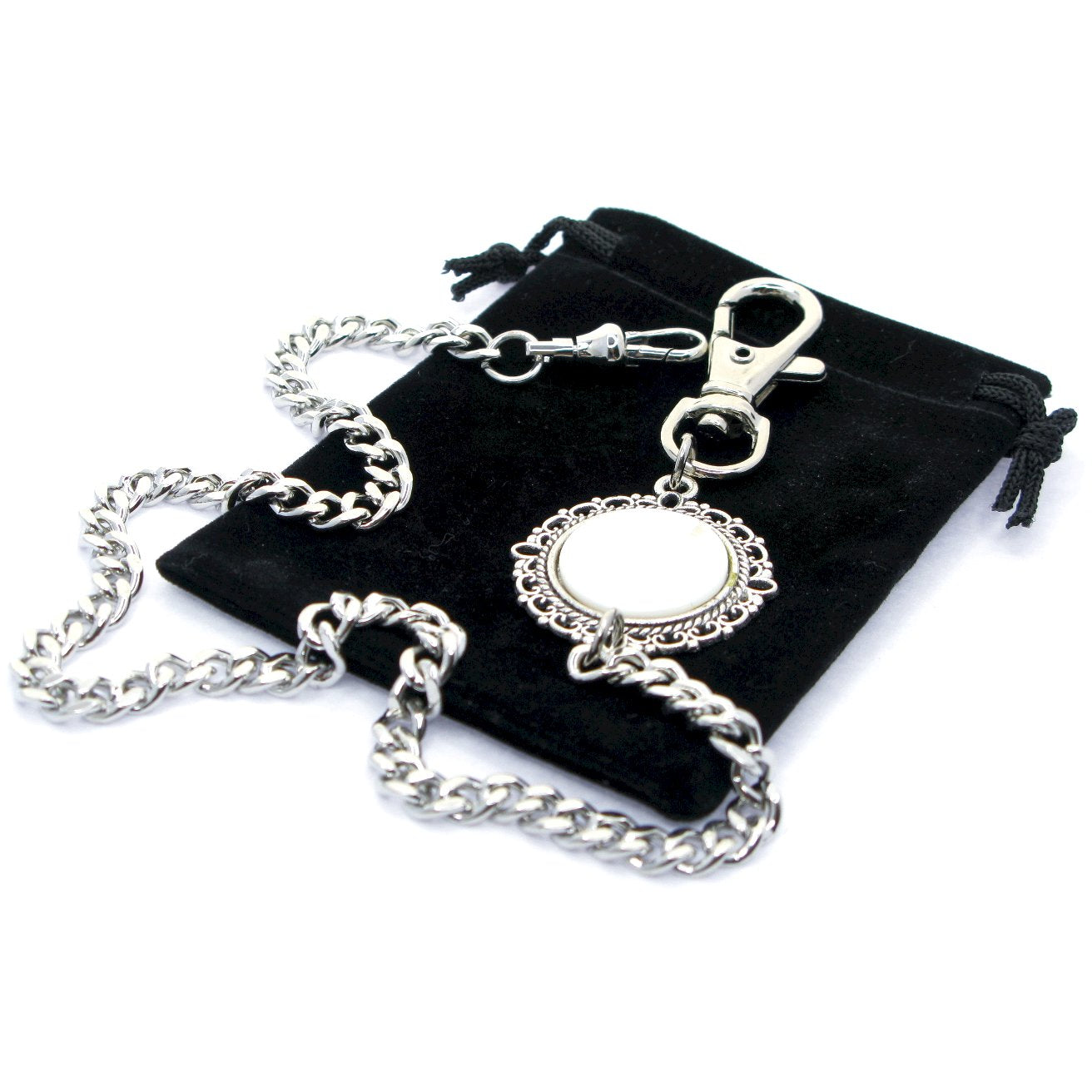 Pocket Watch Chain Silver Color Albert Chain for Men with Real Mother of Pearl Charm Fob and Large Lobster Clasp Swivel Clasp ACF171