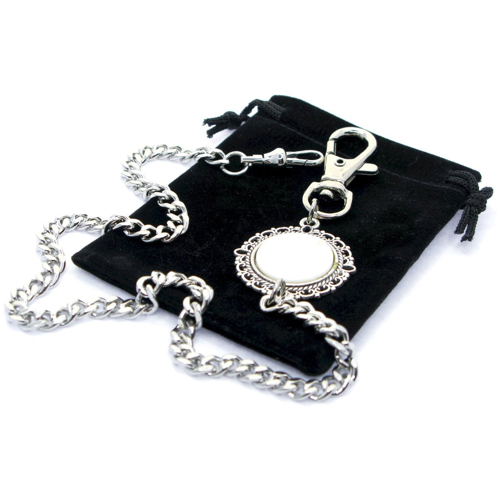 Pocket Watch Chain Silver Color Albert Chain with Real Mother of Pearl Charm FobACF171