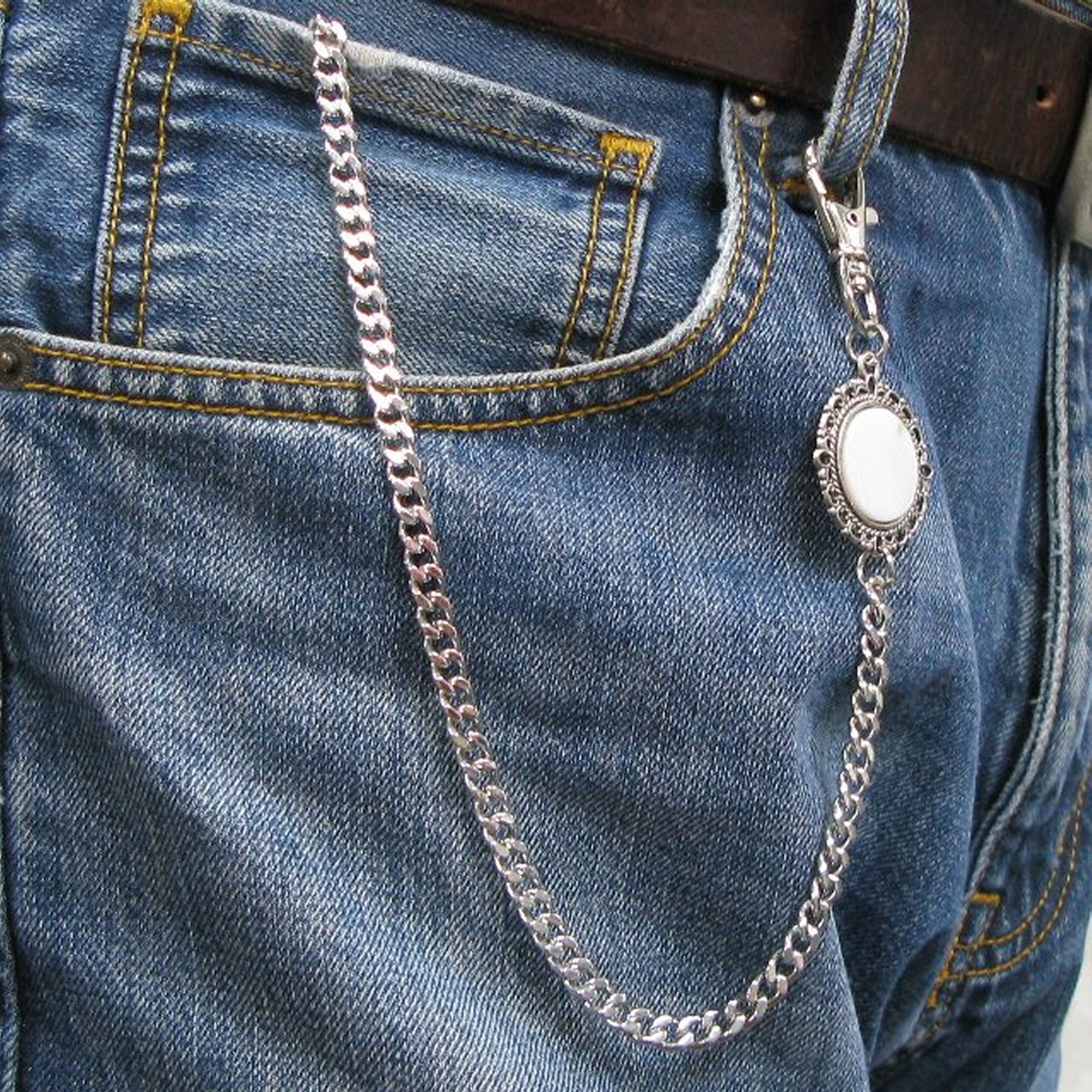 Pocket Watch Chain Silver Color Albert Chain for Men with Real Mother of Pearl Charm Fob and Large Lobster Clasp Swivel Clasp ACF171
