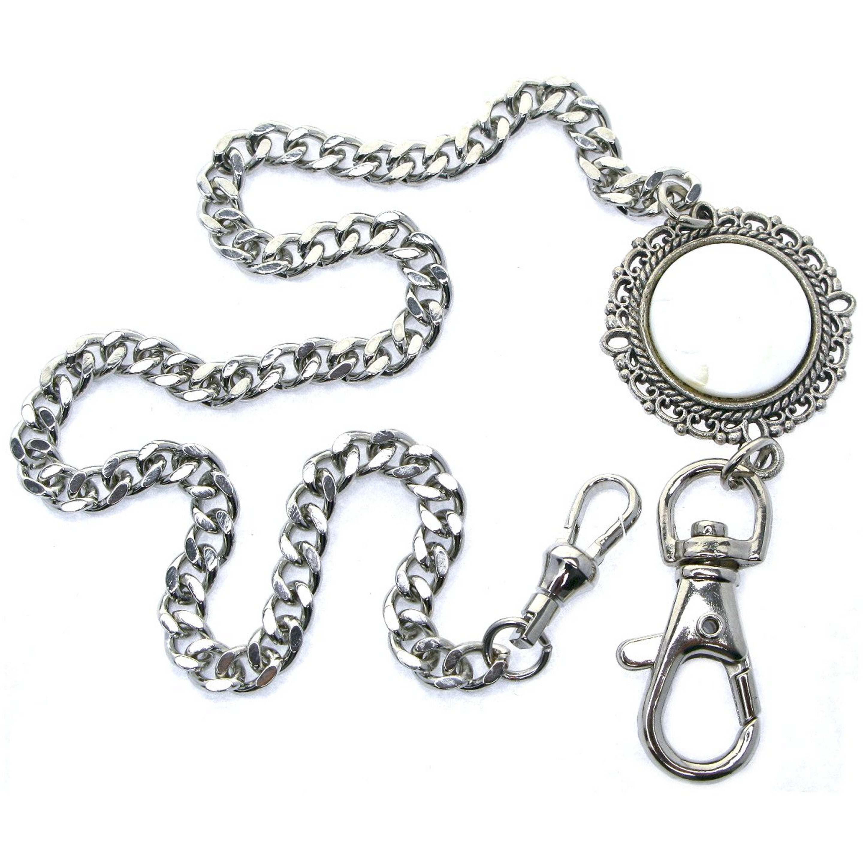 Pocket Watch Chain Silver Color Albert Chain with Real Mother of Pearl Charm FobACF171