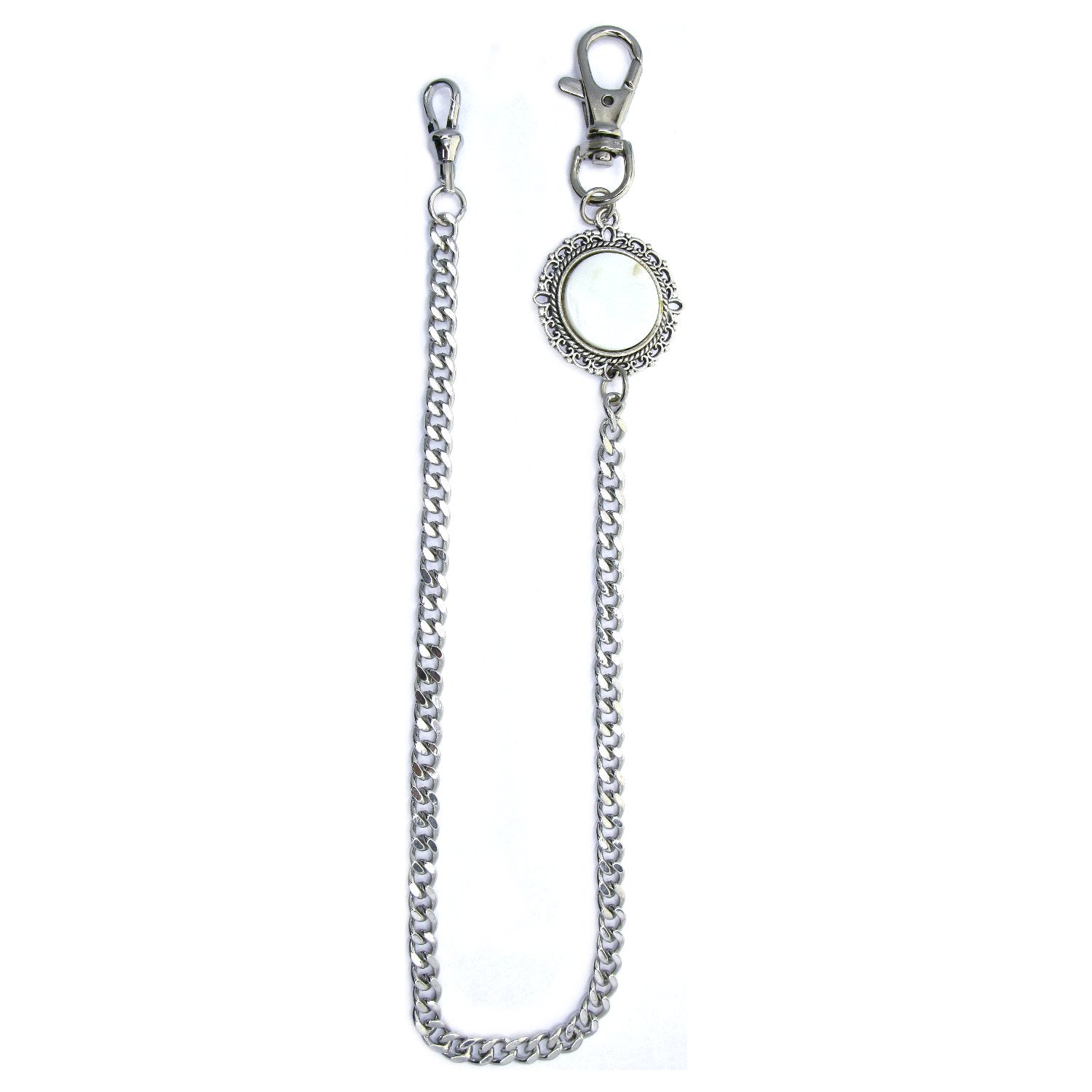 Pocket Watch Chain Silver Color Albert Chain for Men with Real Mother of Pearl Charm Fob and Large Lobster Clasp Swivel Clasp ACF171
