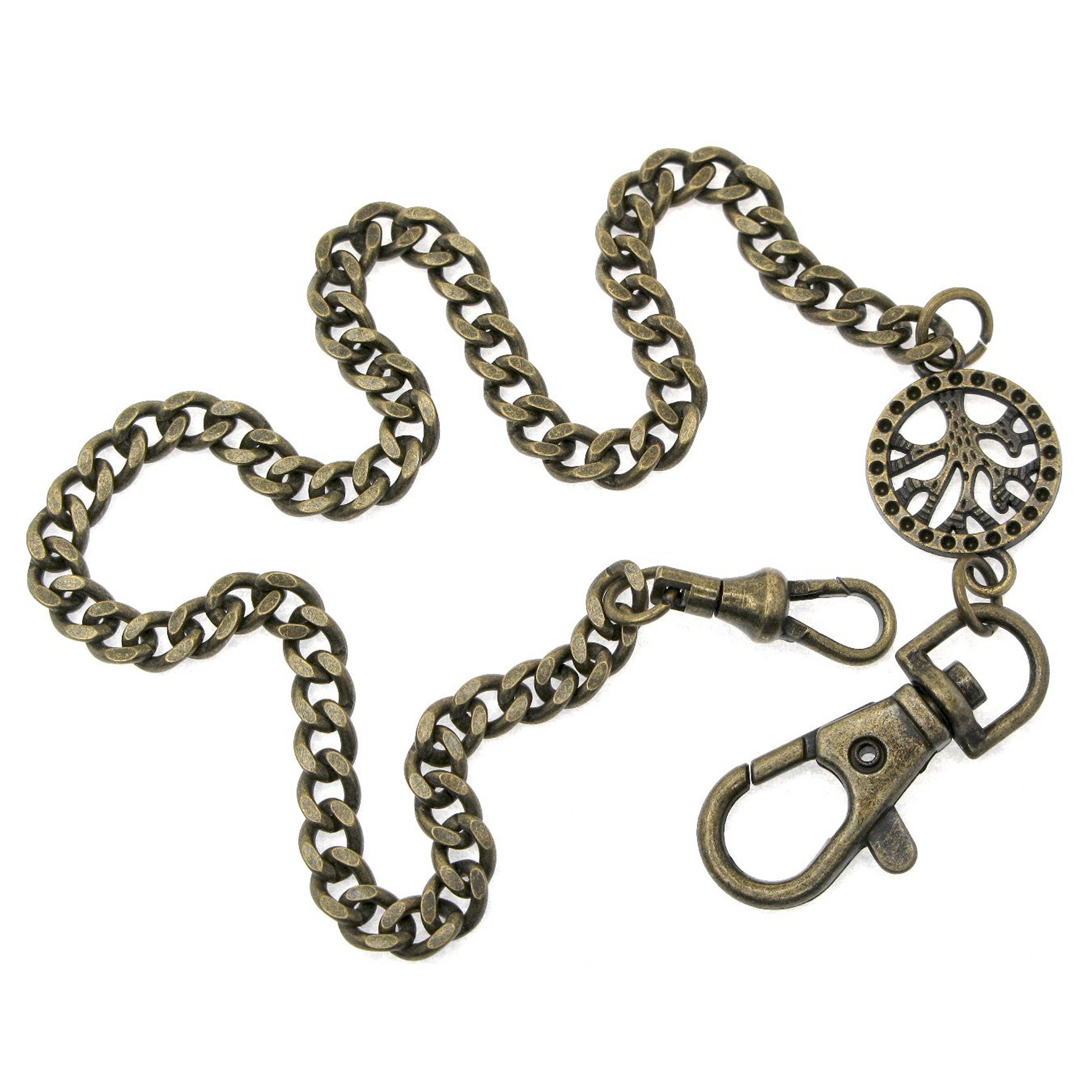 Pocket Watch Chain Antique Brass Color Albert Chain for Men with Life Tree Design Charm Fob and Large Lobster Clasp Swivel Clasp ACF173