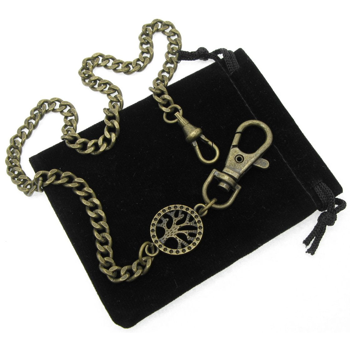 Pocket Watch Chain Antique Brass Color Albert Chain for Men with Life Tree Design Charm Fob and Large Lobster Clasp Swivel Clasp ACF173