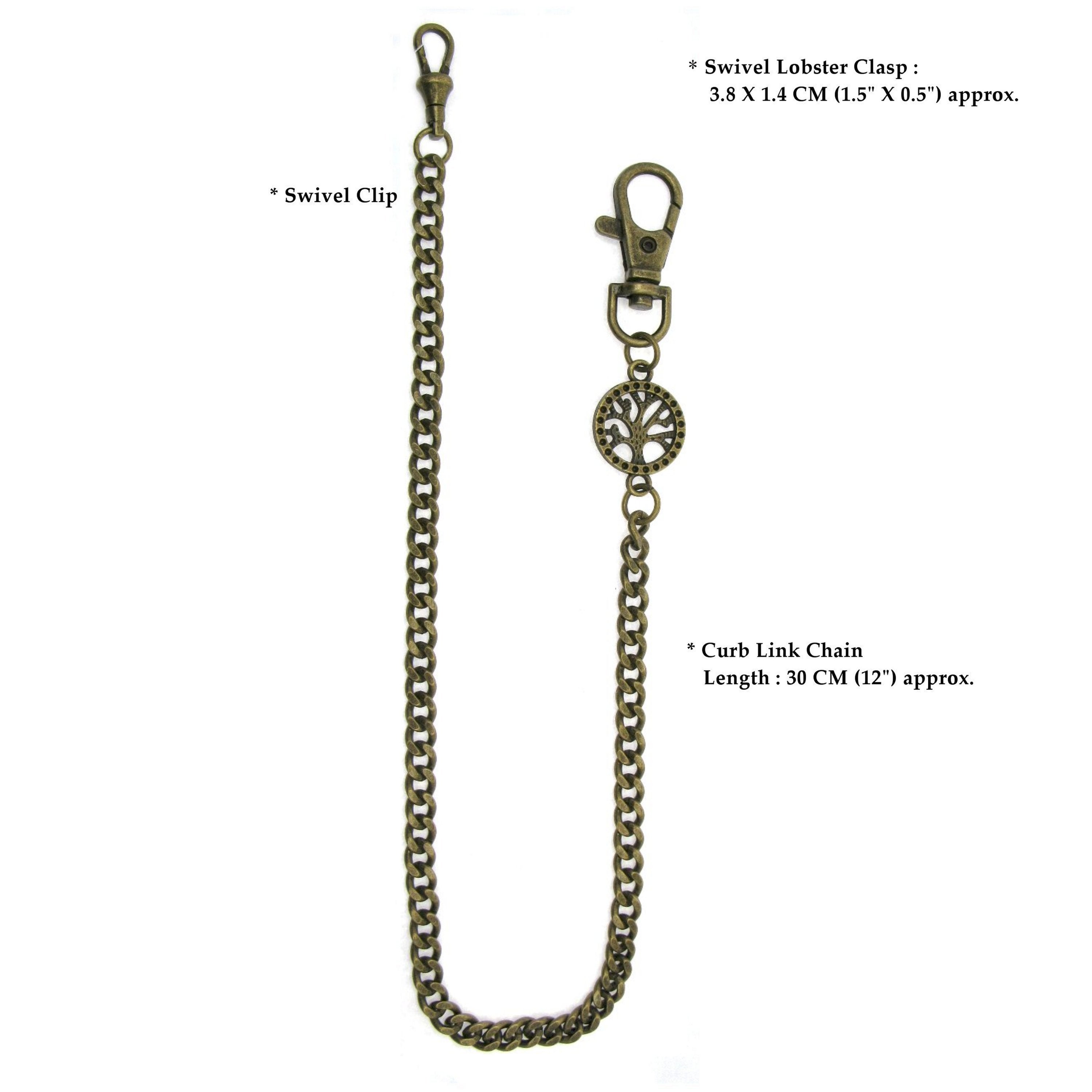 Pocket Watch Chain Antique Brass Color Albert Chain for Men with Life Tree Design Charm Fob and Large Lobster Clasp Swivel Clasp ACF173