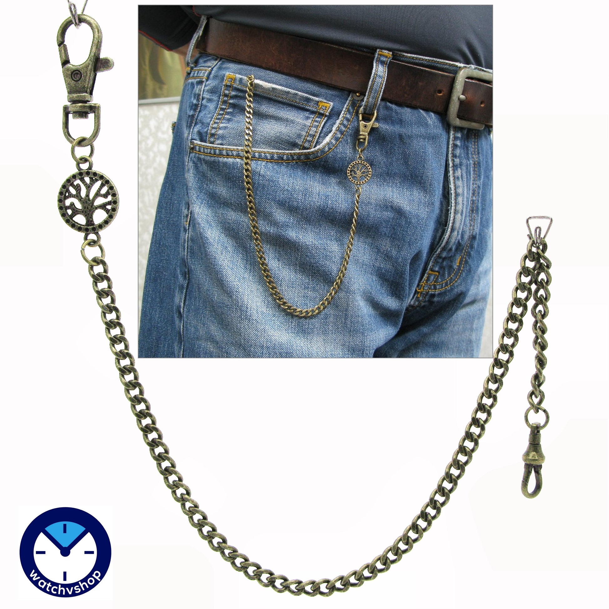 Pocket Watch Chain Antique Brass Color Albert Chain for Men with Life Tree Design Charm Fob and Large Lobster Clasp Swivel Clasp ACF173