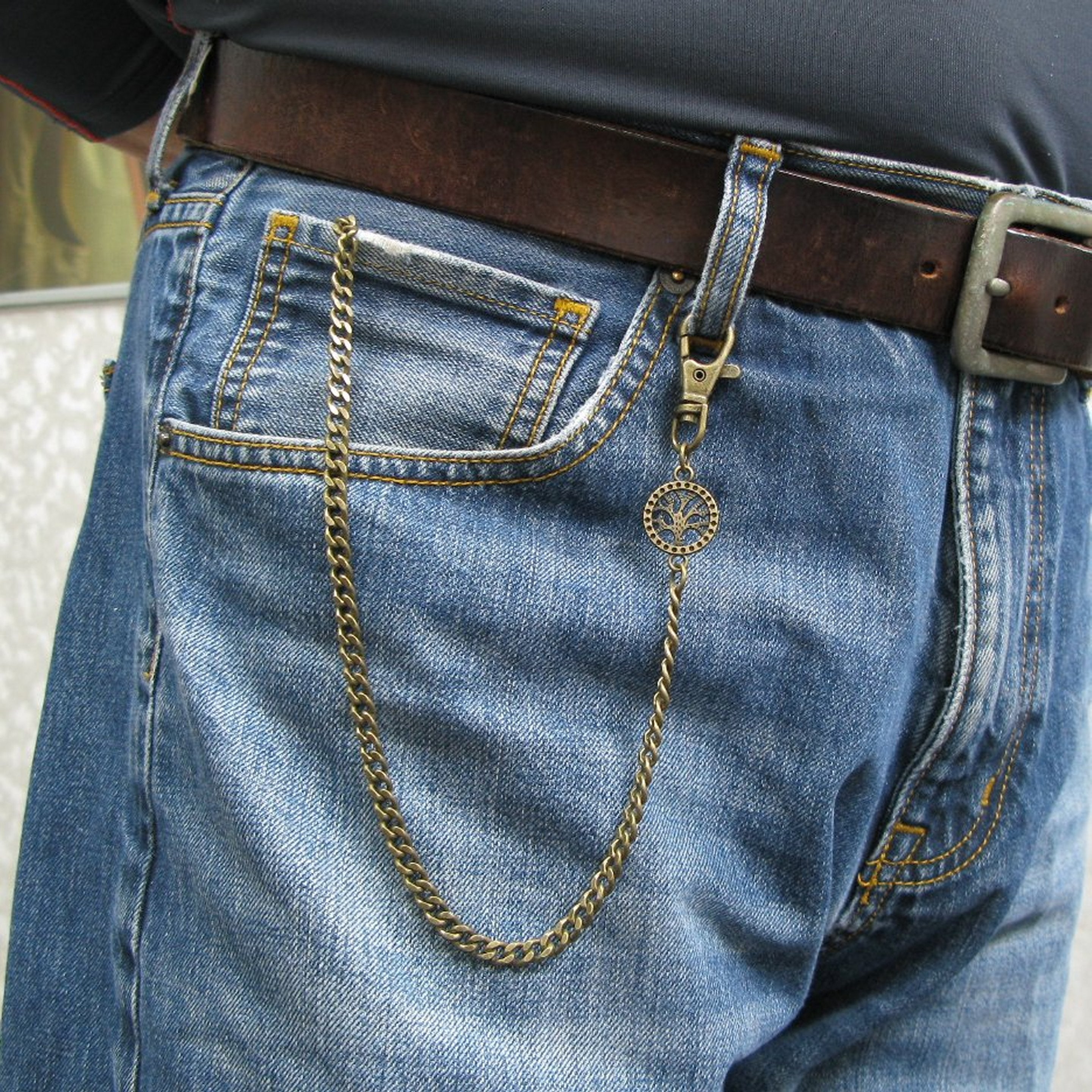 Pocket Watch Chain Antique Brass Color Albert Chain for Men with Life Tree Design Charm Fob and Large Lobster Clasp Swivel Clasp ACF173