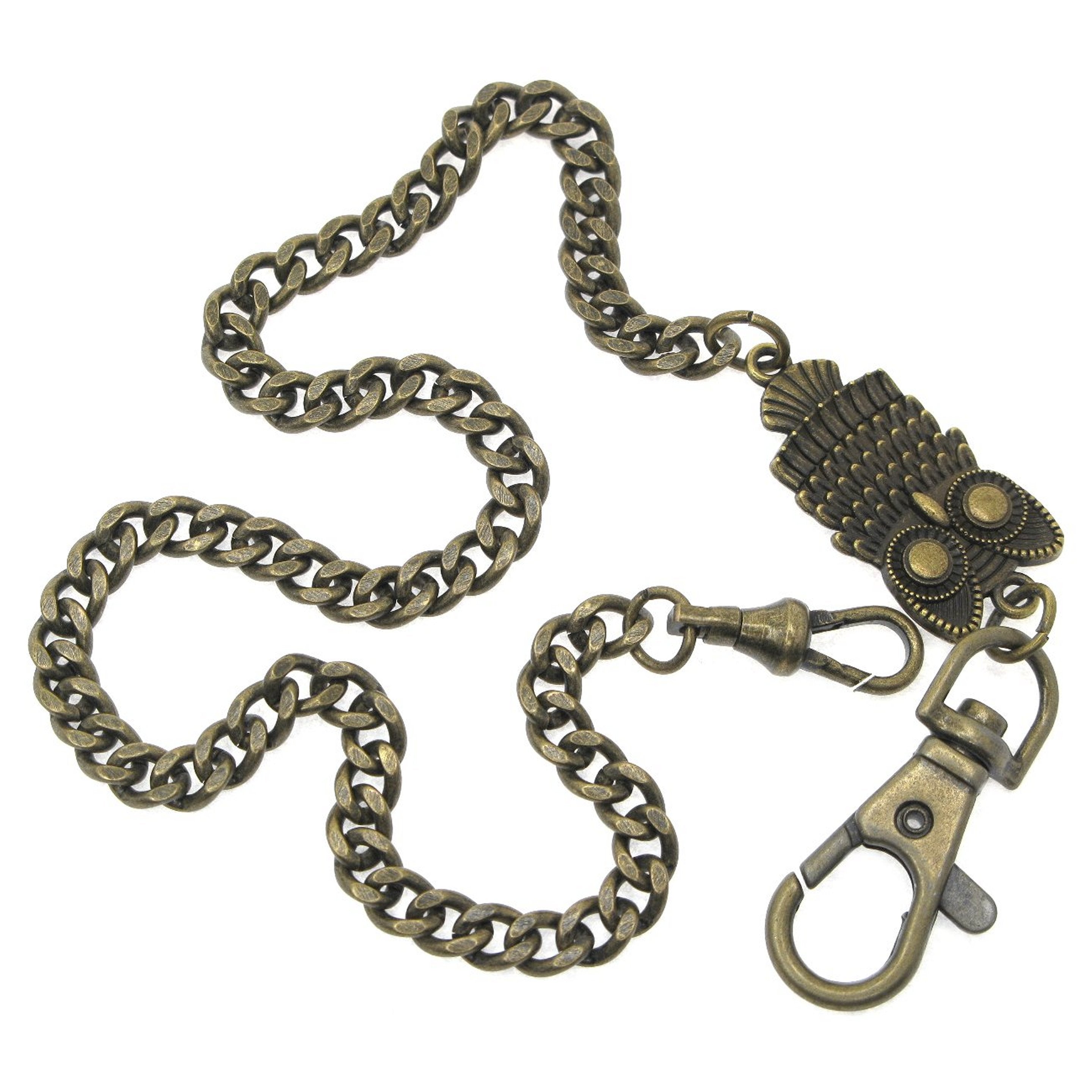 Pocket Watch Chain Antique Brass Color Albert Chain for Men with Owl Design Charm Fob and Large Lobster Clasp Swivel Clasp ACF175