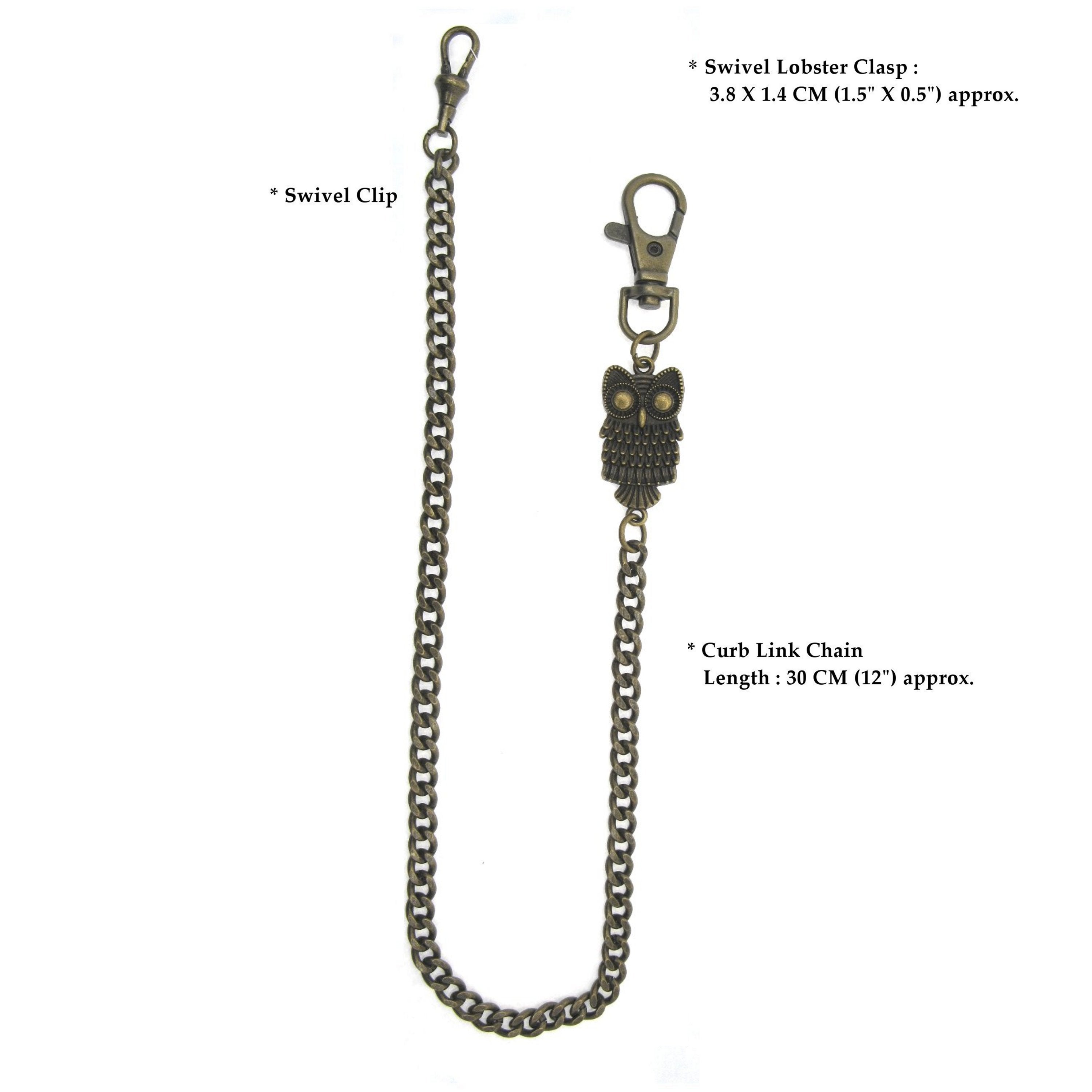 Pocket Watch Chain Antique Brass Color Albert Chain for Men with Owl Design Charm Fob and Large Lobster Clasp Swivel Clasp ACF175