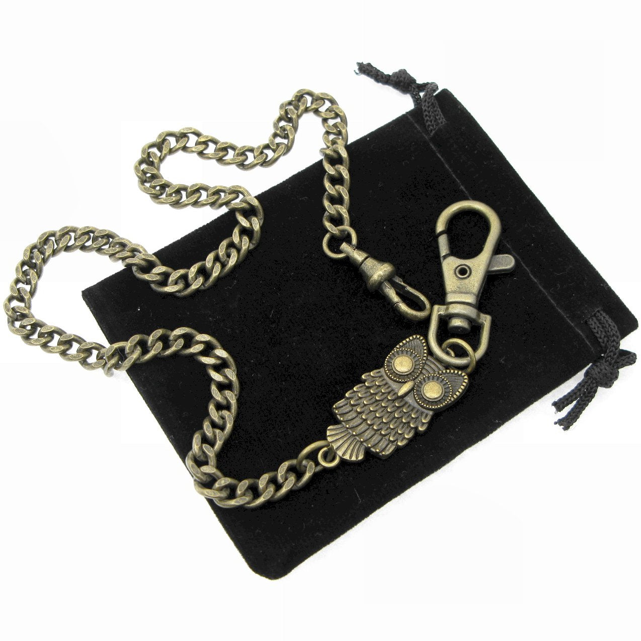 Pocket Watch Chain Antique Brass Color Albert Chain for Men with Owl Design Charm Fob and Large Lobster Clasp Swivel Clasp ACF175