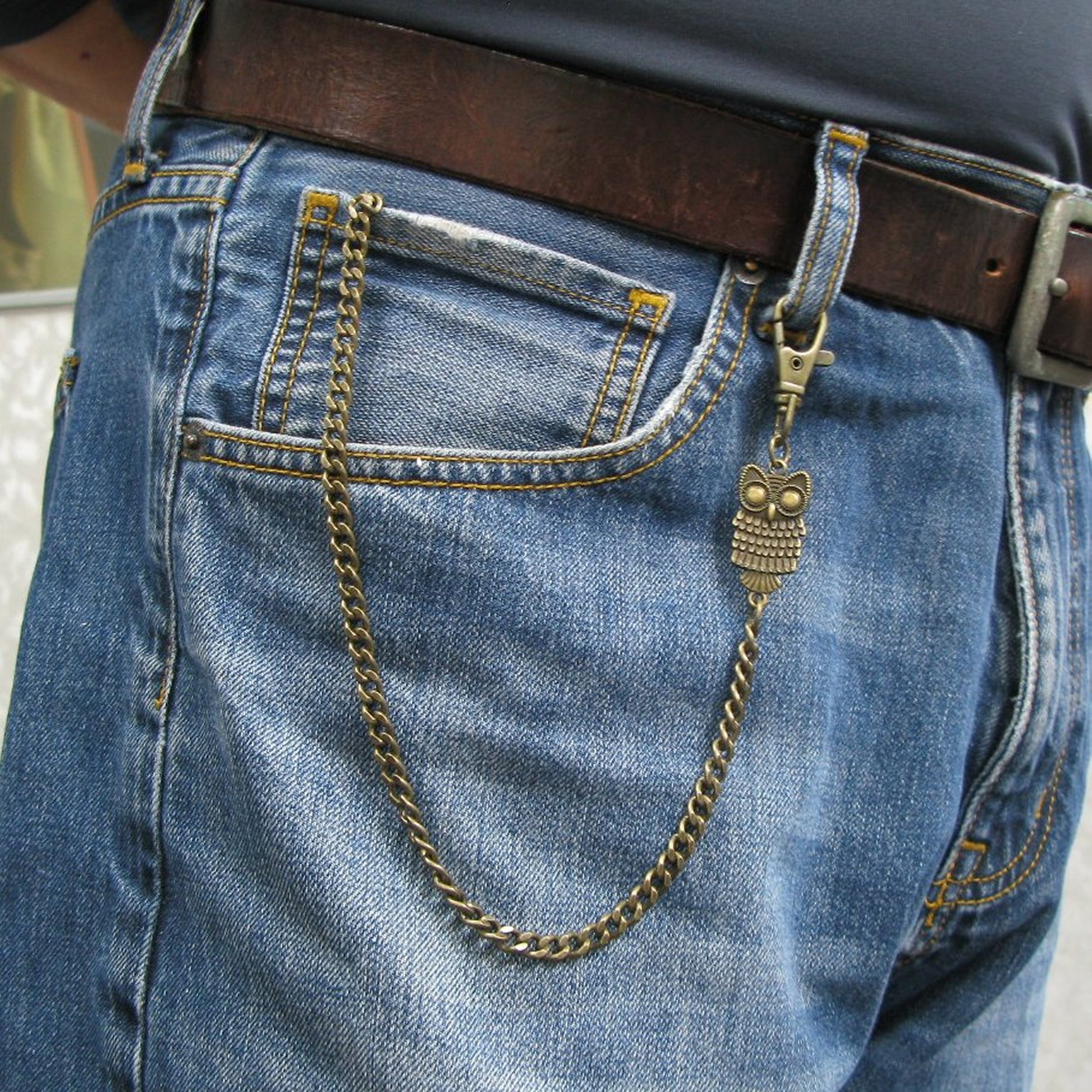 Pocket Watch Chain Antique Brass Color Albert Chain for Men with Owl Design Charm Fob and Large Lobster Clasp Swivel Clasp ACF175