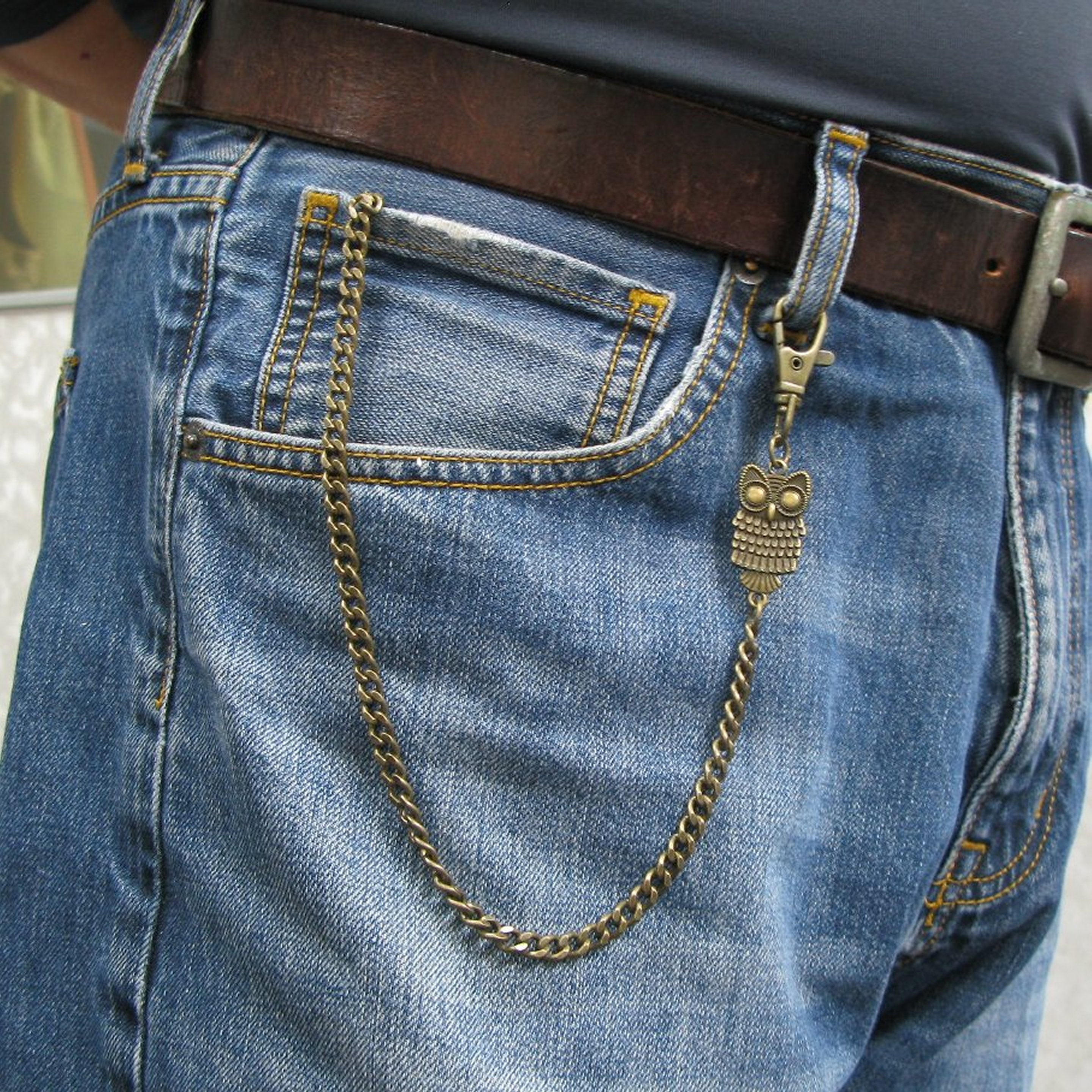 Pocket Watch Chain Antique Brass Color Albert Chain for Men with Owl Design Charm Fob and Large Lobster Clasp Swivel Clasp ACF175