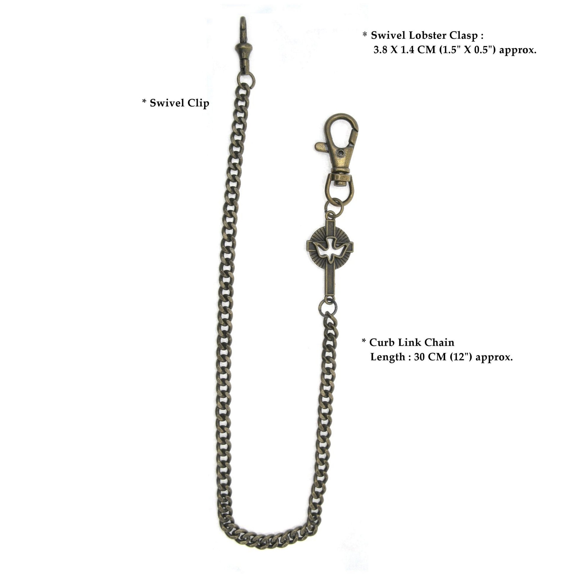 Pocket Watch Chain Antique Brass Color with Cross Design Charm Fob ACF176