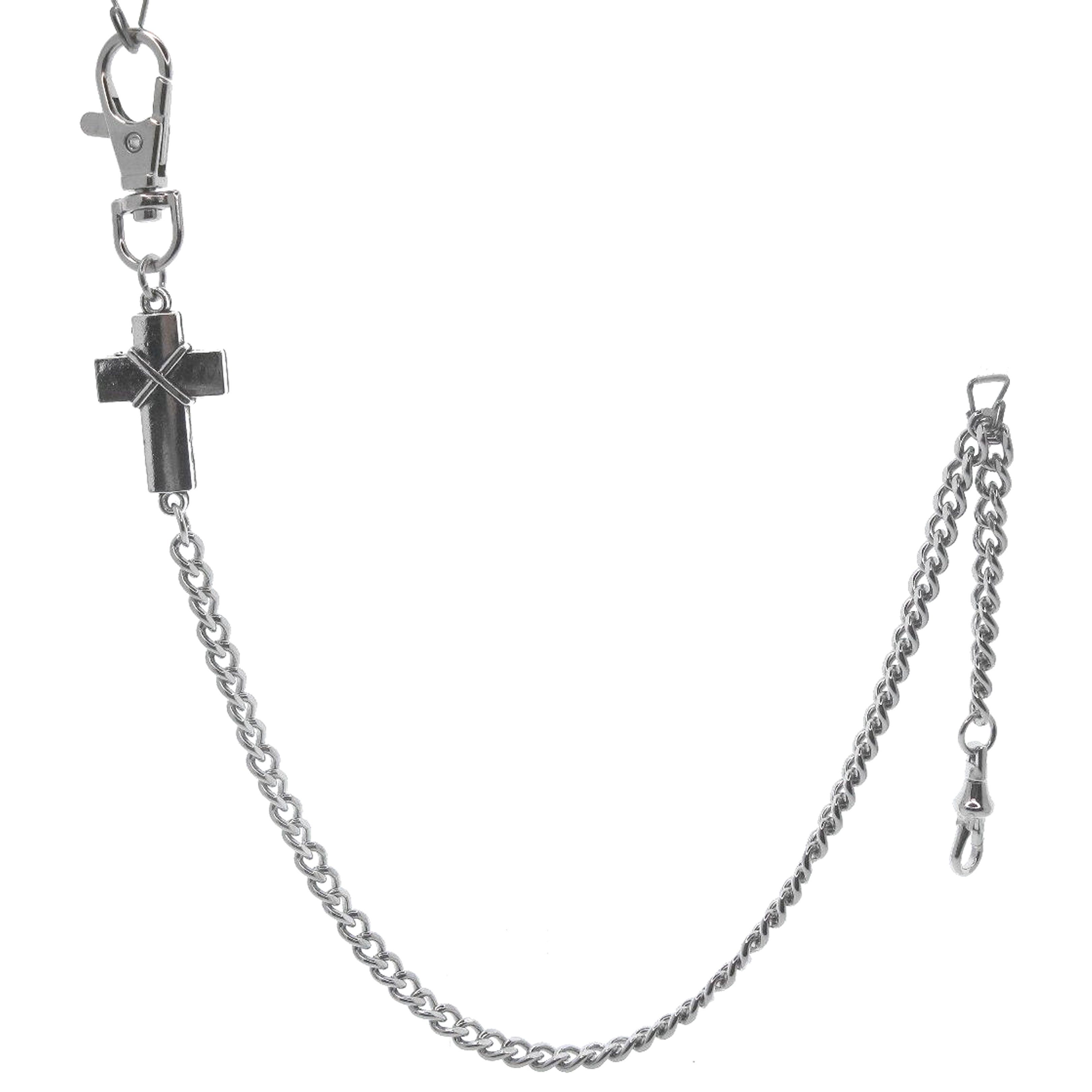 watchvshop Pocket Watch Chain Silver Color Albert Chain for Men with Cross Design Charm Fob and Large Lobster Clasp Swivel Clasp ACF189