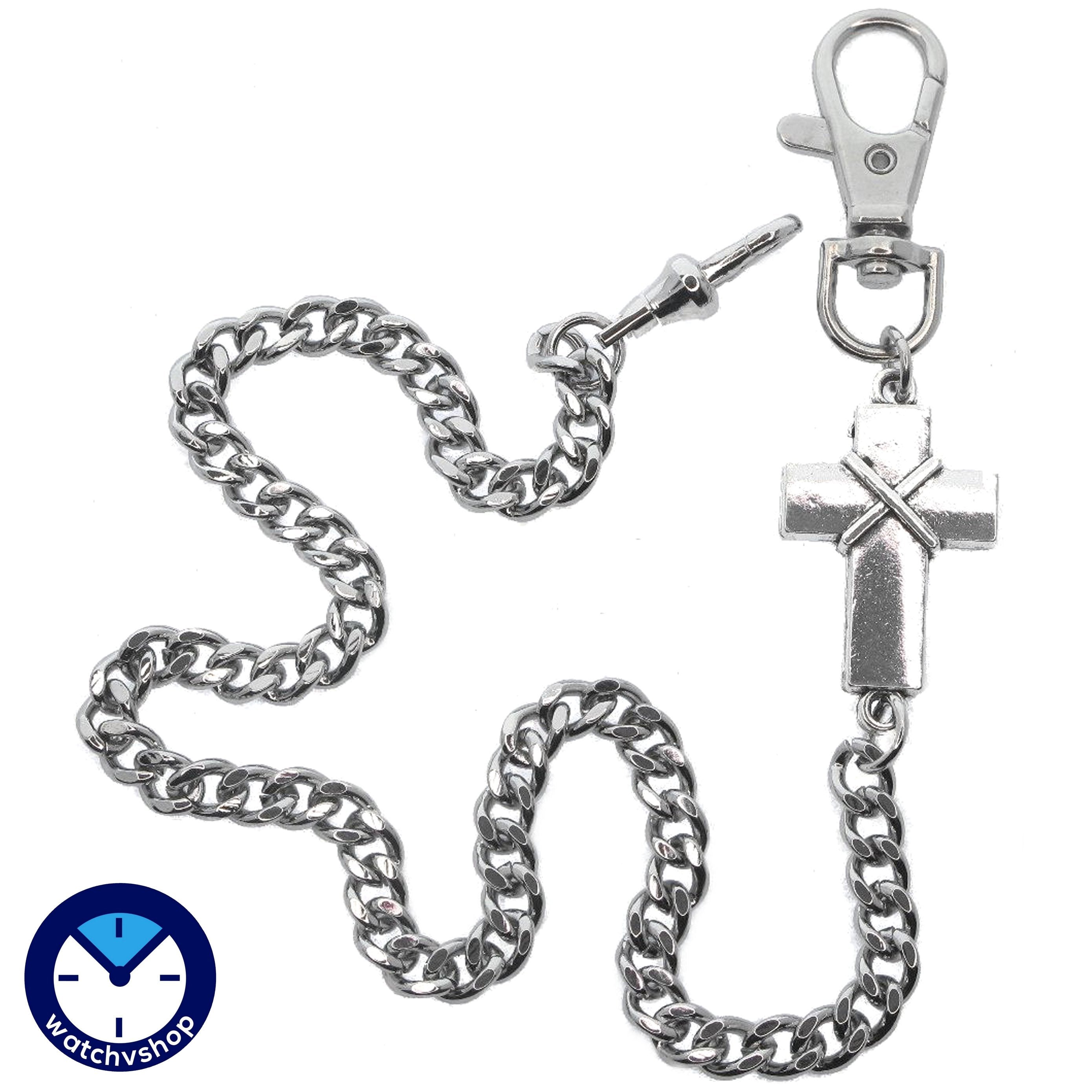 watchvshop Pocket Watch Chain Silver Color Albert Chain for Men with Cross Design Charm Fob and Large Lobster Clasp Swivel Clasp ACF189