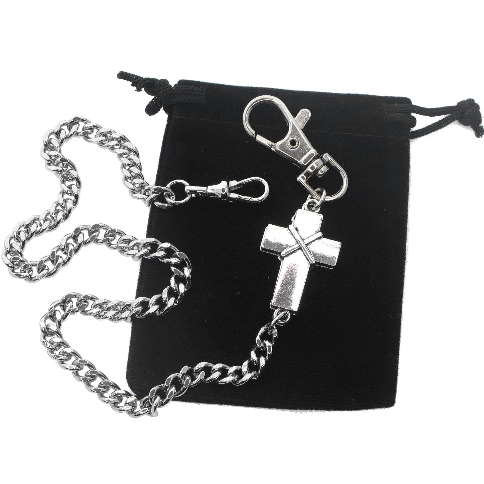 watchvshop Pocket Watch Chain Silver Color Albert Chain for Men with Cross Design Charm Fob and Large Lobster Clasp Swivel Clasp ACF189
