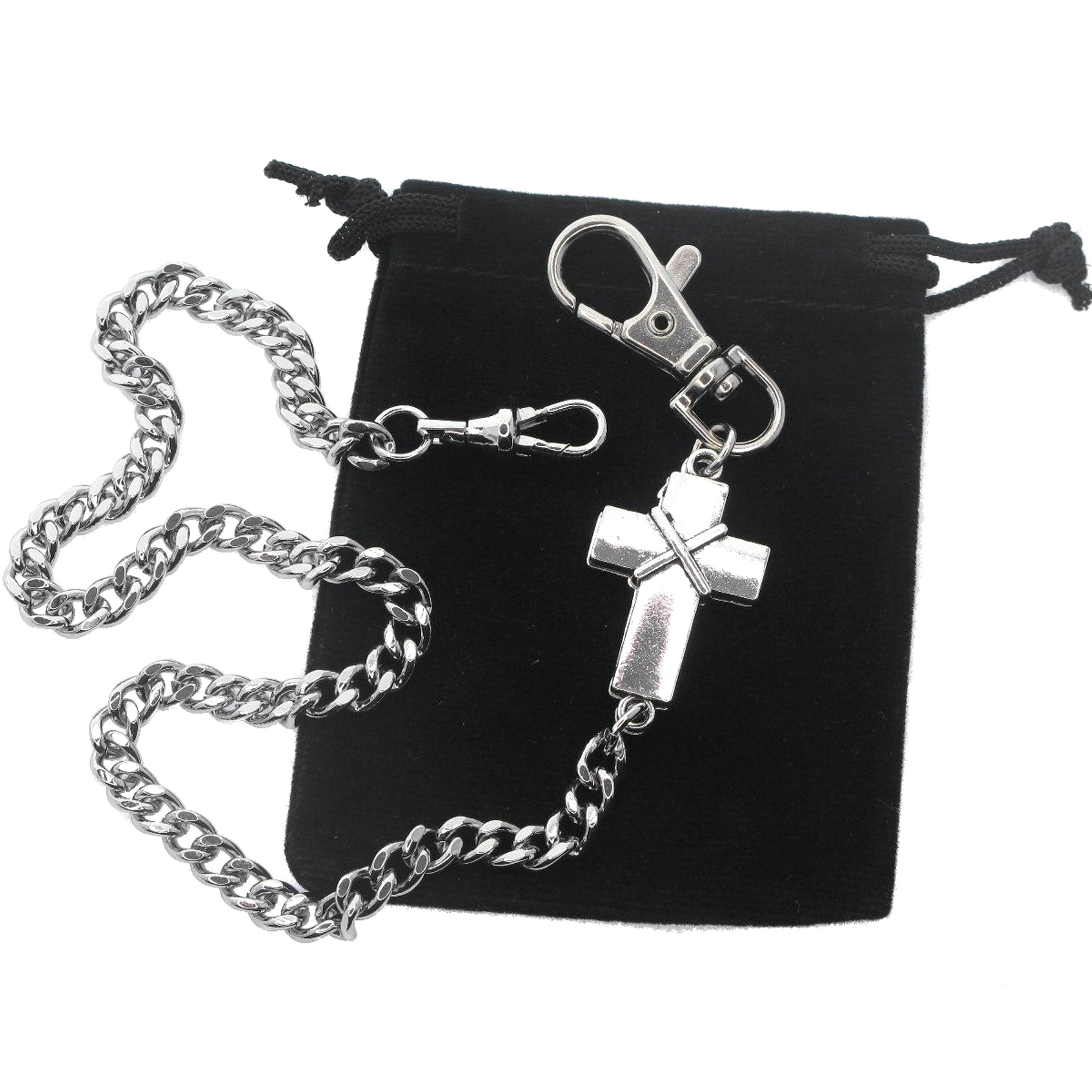 watchvshop Pocket Watch Chain Silver Color Albert Chain for Men with Cross Design Charm Fob and Large Lobster Clasp Swivel Clasp ACF189