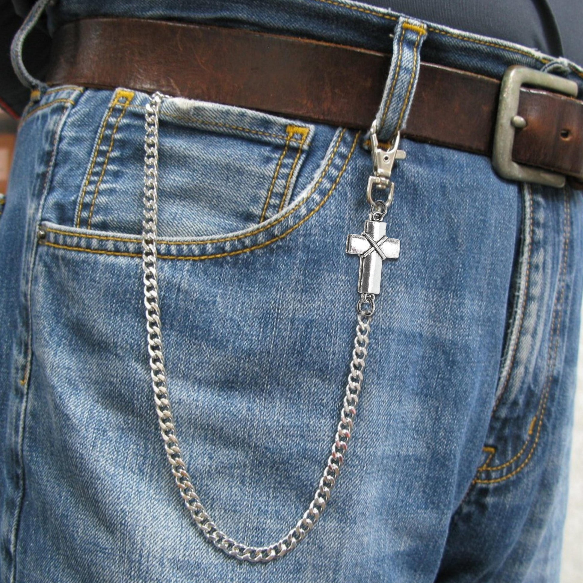 watchvshop Pocket Watch Chain Silver Color Albert Chain for Men with Cross Design Charm Fob and Large Lobster Clasp Swivel Clasp ACF189