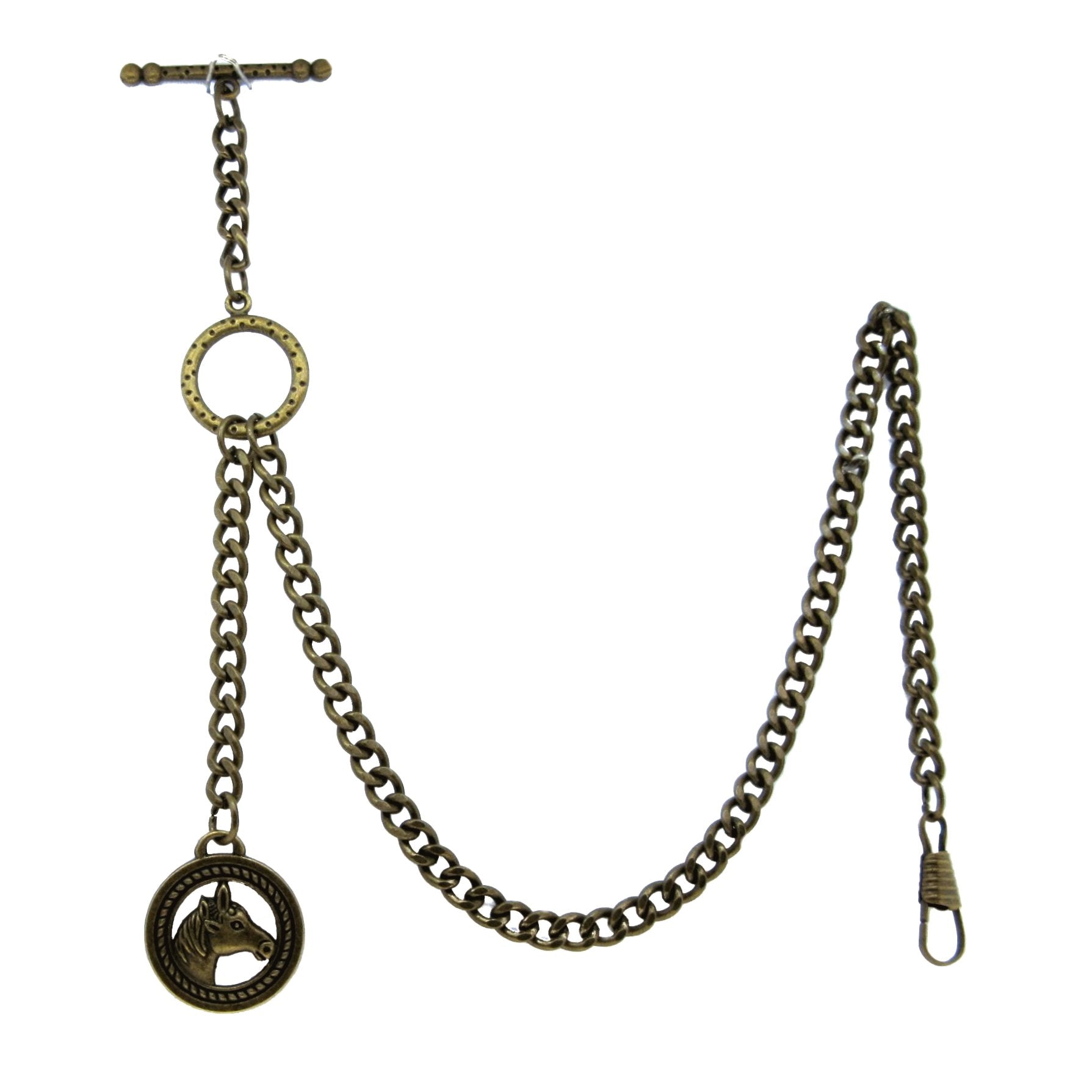 Albert Chain Pocket Watch Chains for Men Antique Brass Color - 2 Ways Usage on Vests & Trousers or Jeans with Horse Design Fob T Bar ACT03