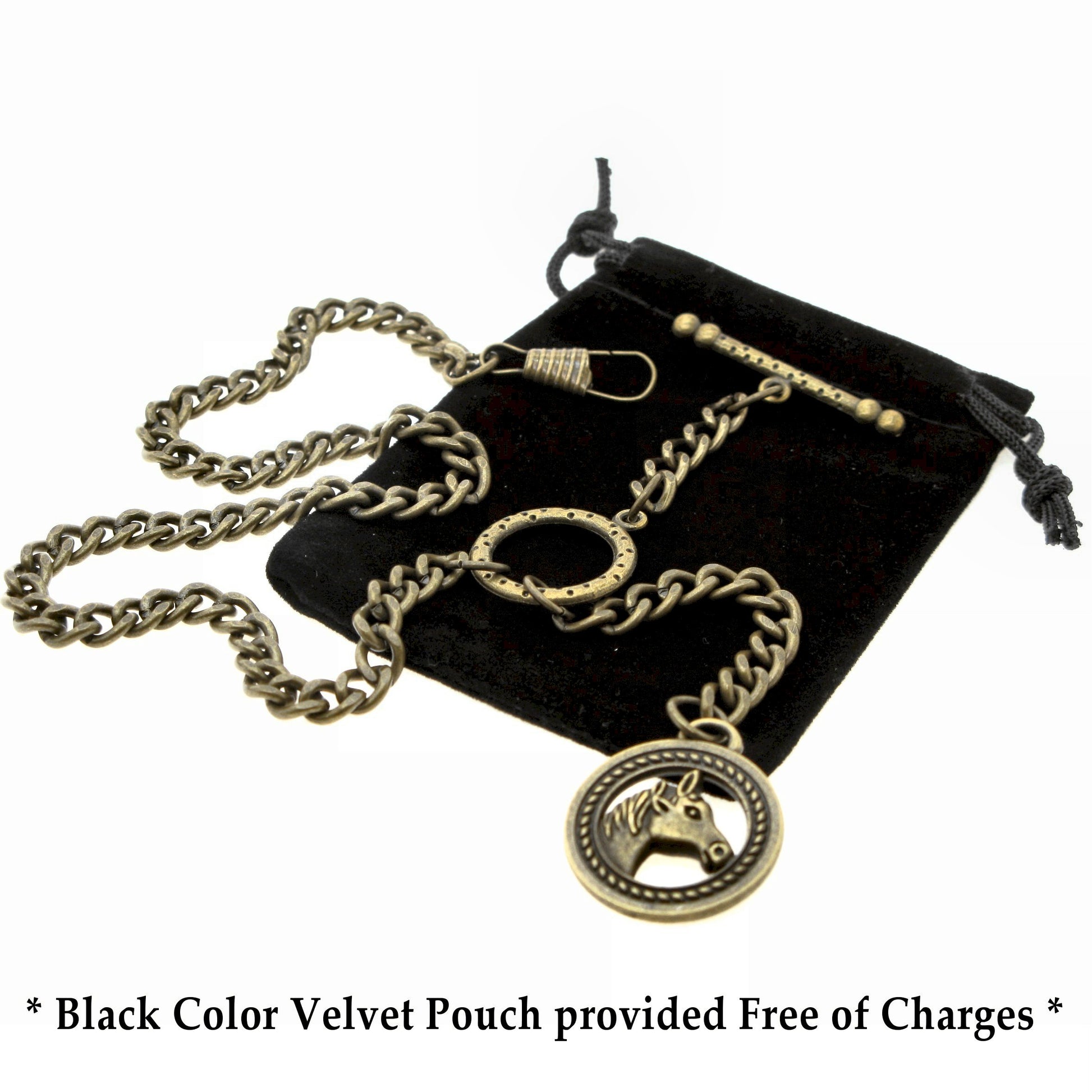 Albert Chain Pocket Watch Chains for Men Antique Brass Color - 2 Ways Usage on Vests & Trousers or Jeans with Horse Design Fob T Bar ACT03