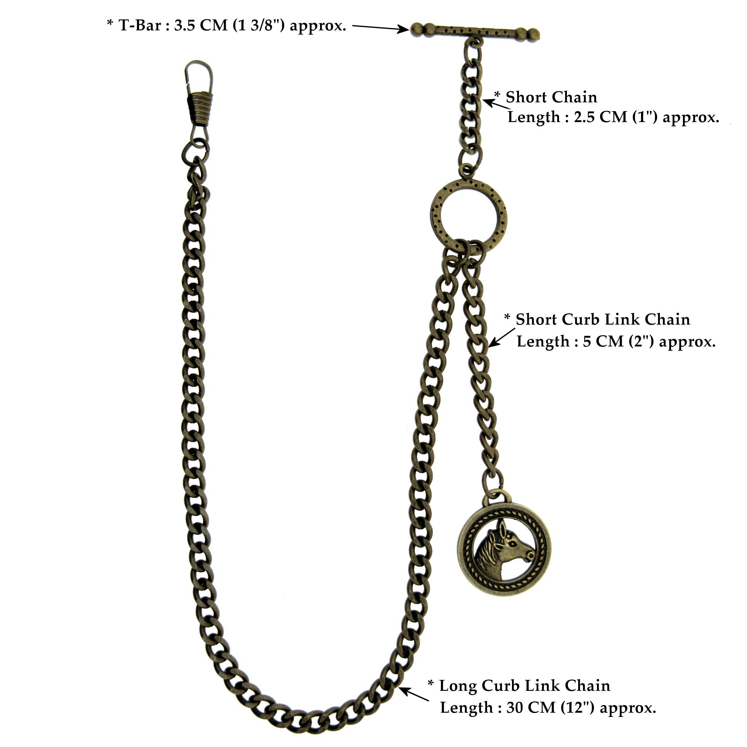 Albert Chain Pocket Watch Chains for Men Antique Brass Color - 2 Ways Usage on Vests & Trousers or Jeans with Horse Design Fob T Bar ACT03