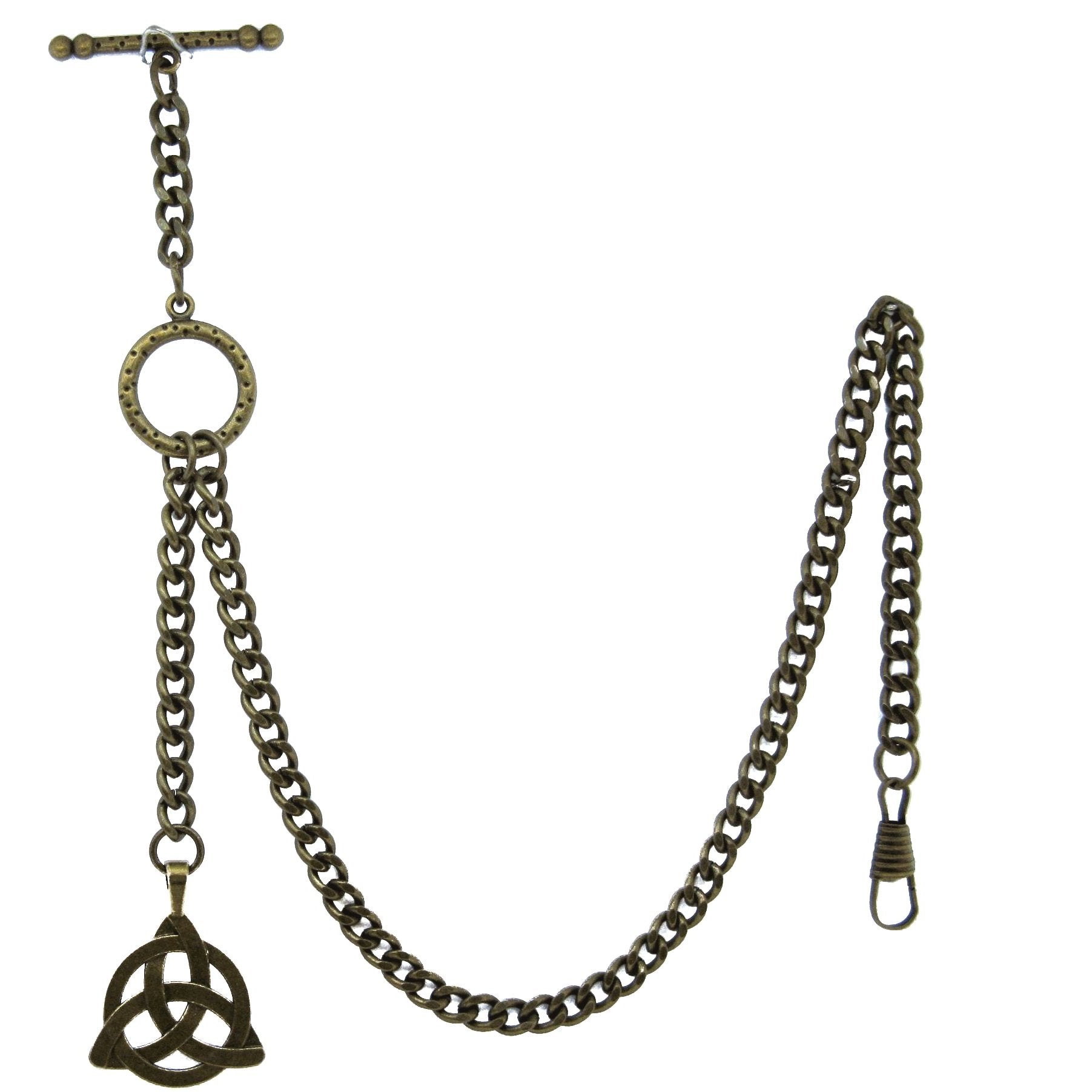 Albert Chain Antique Brass Color Pocket Watch Chain Vest Chain - 2 Ways Usage on Vests & Trousers or Jeans with Celtic Knot Design Fob T Bar ACT08A