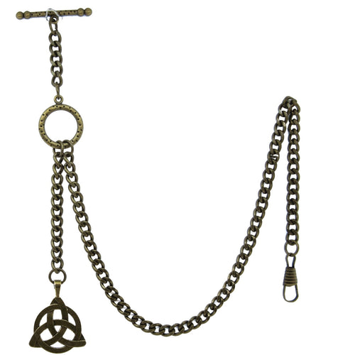 Albert Chain Antique Brass Color Pocket Watch Chain Vest Chain - 2 Ways Usage on Vests & Trousers or Jeans with Celtic Knot Design Fob T Bar ACT08A