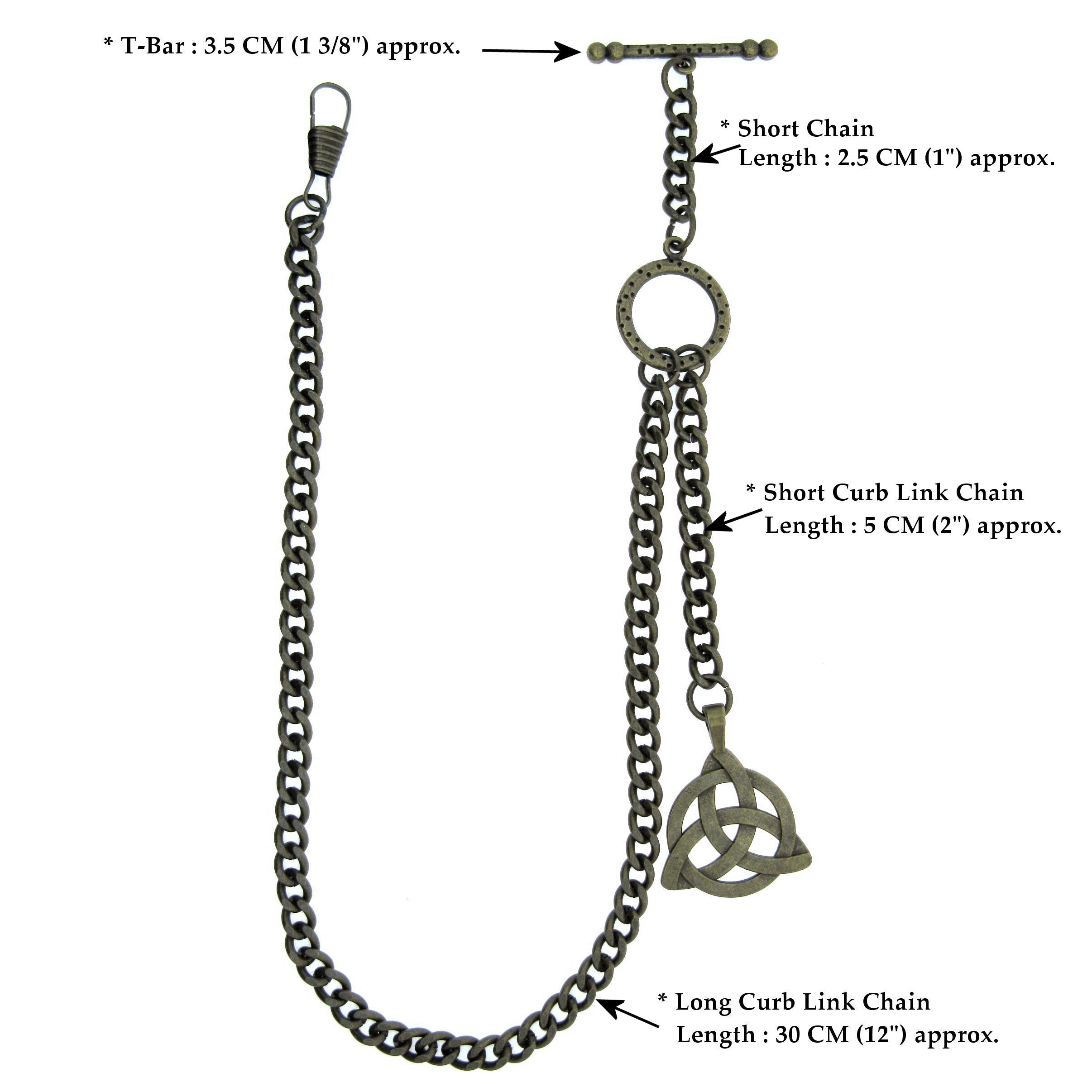 Albert Chain Antique Brass Color Pocket Watch Chain Vest Chain - 2 Ways Usage on Vests & Trousers or Jeans with Celtic Knot Design Fob T Bar ACT08A