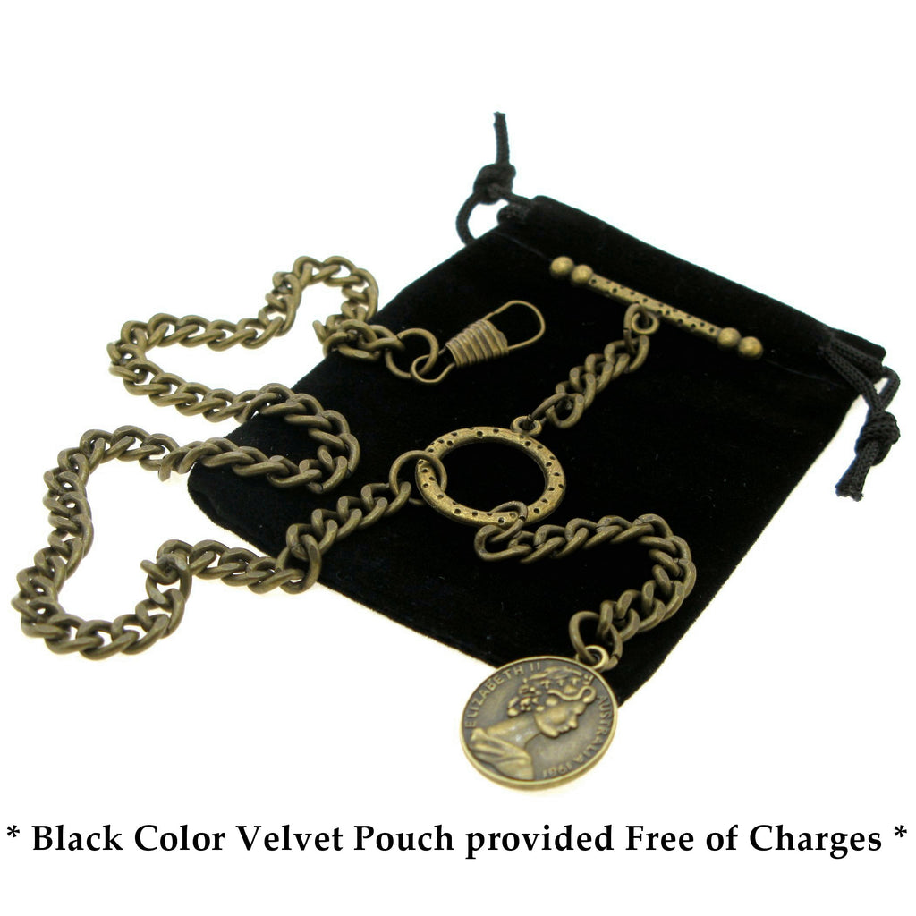 Albert Chain Pocket Watch Chains for Men Antique Brass Color with Queen Elizabeth Half Penny Coin Design Fob T Bar ACT106