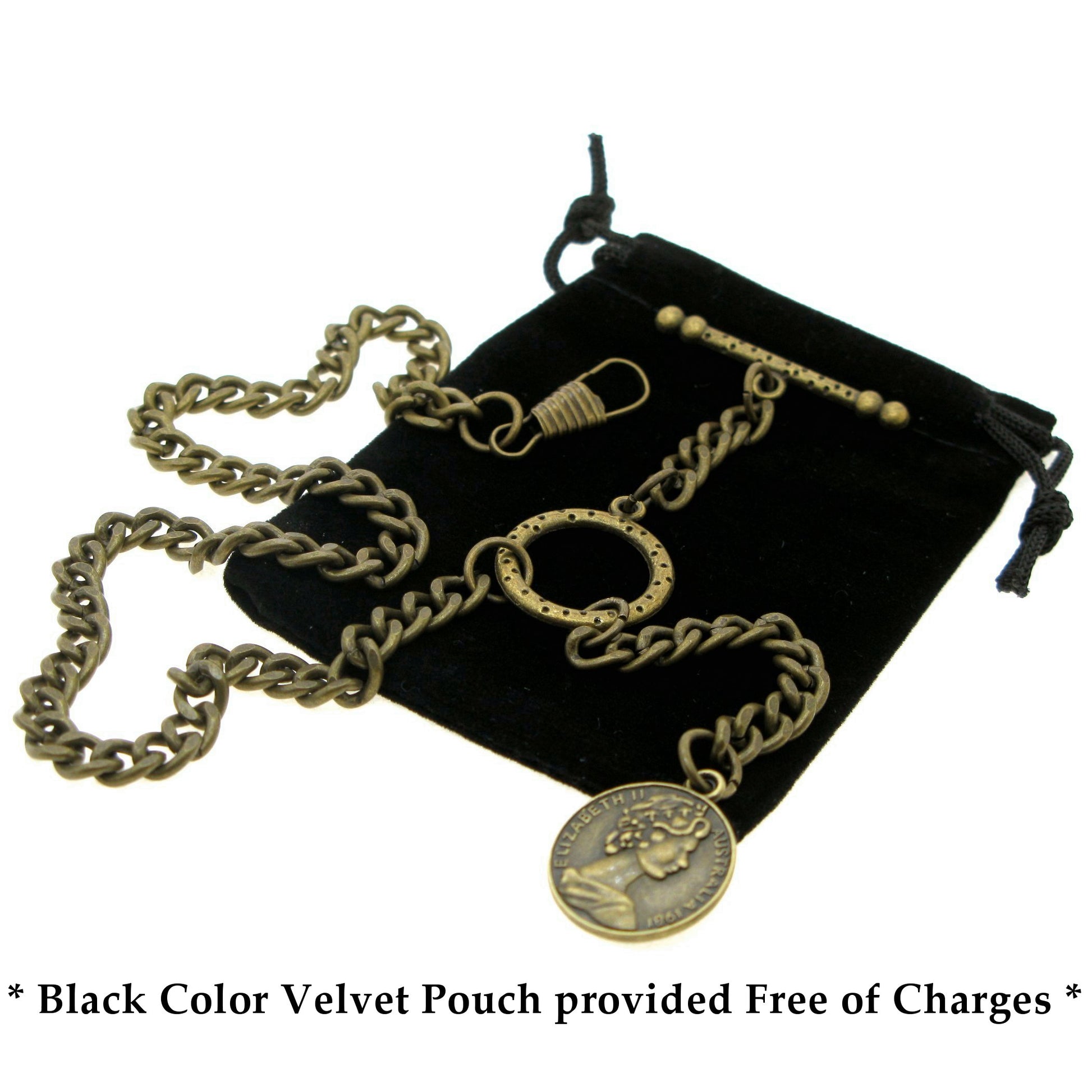 Albert Chain Pocket Watch Chains for Men Antique Brass Color with Queen Elizabeth Half Penny Coin Design Fob T Bar ACT106