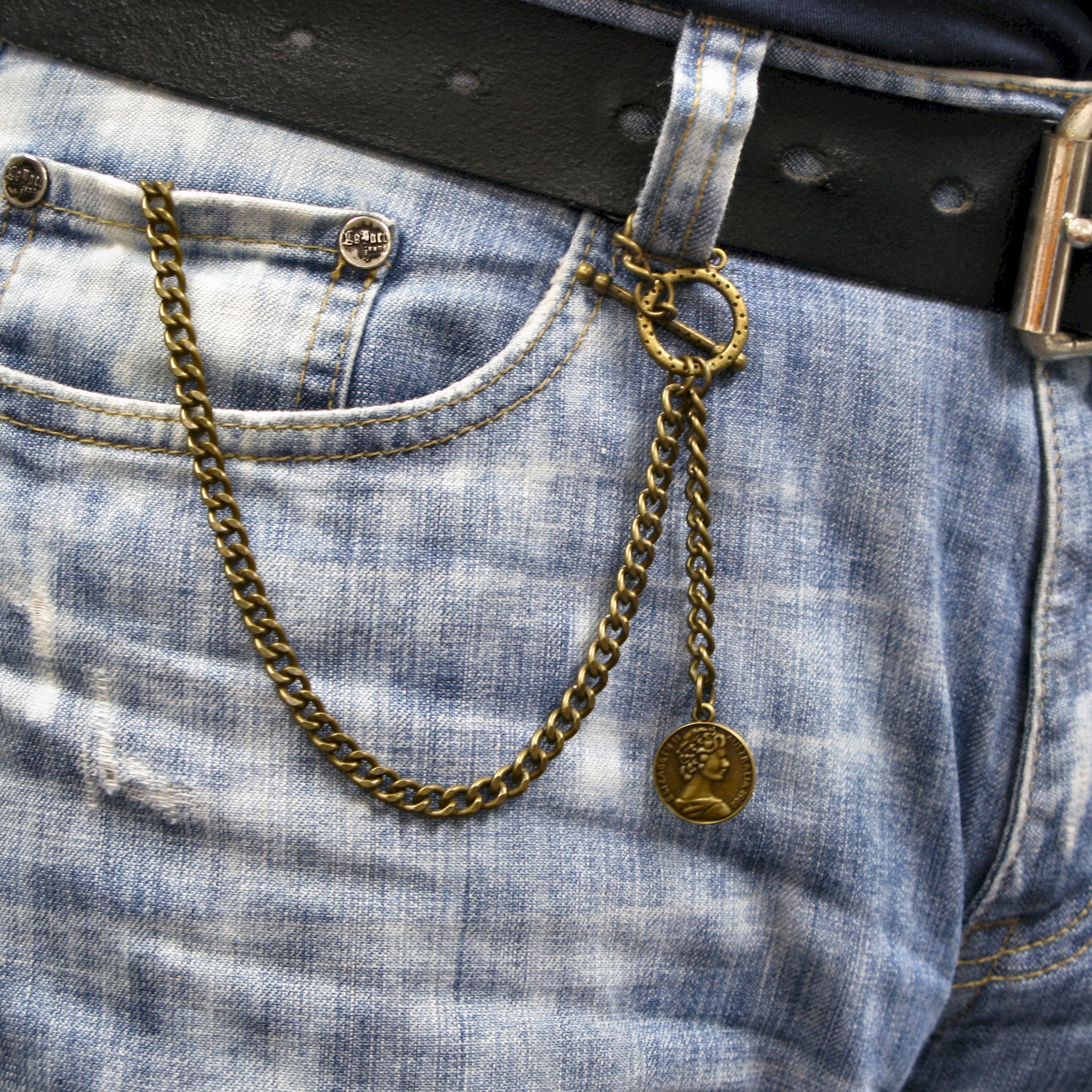 Albert Chain Pocket Watch Chains for Men Antique Brass Color with Queen Elizabeth Half Penny Coin Design Fob T Bar ACT106