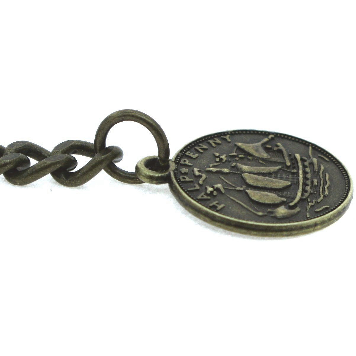 Albert Chain Pocket Watch Chains for Men Antique Brass Color with Queen Elizabeth Half Penny Coin Design Fob T Bar ACT106