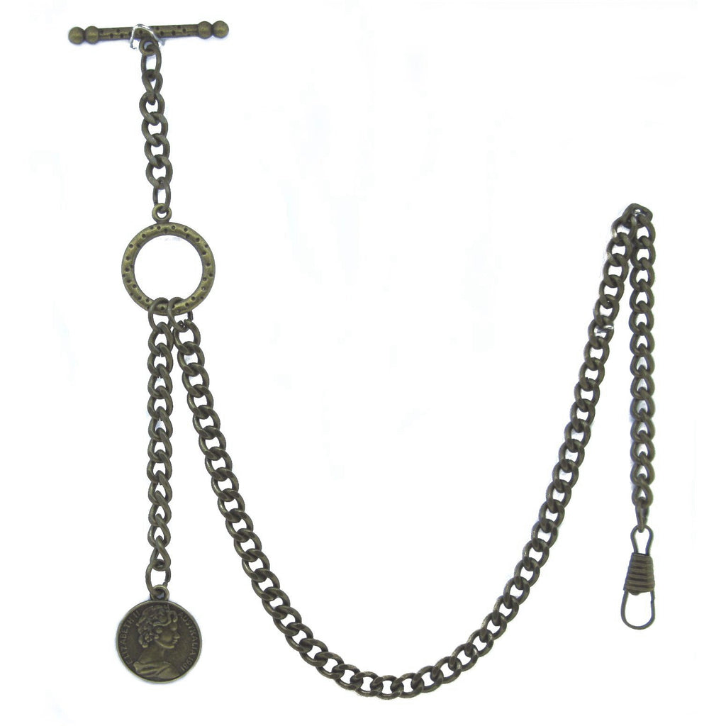Albert Chain Pocket Watch Chains for Men Antique Brass Color with Queen Elizabeth Half Penny Coin Design Fob T Bar ACT106