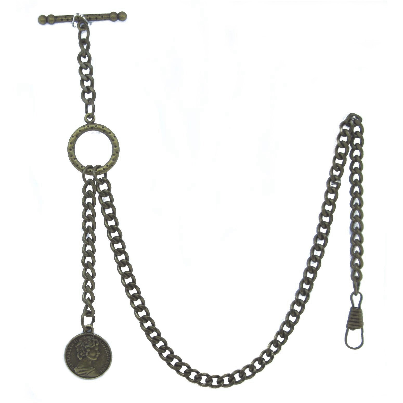 Albert Chain Pocket Watch Chains for Men Antique Brass Color with Queen Elizabeth Half Penny Coin Design Fob T Bar ACT106