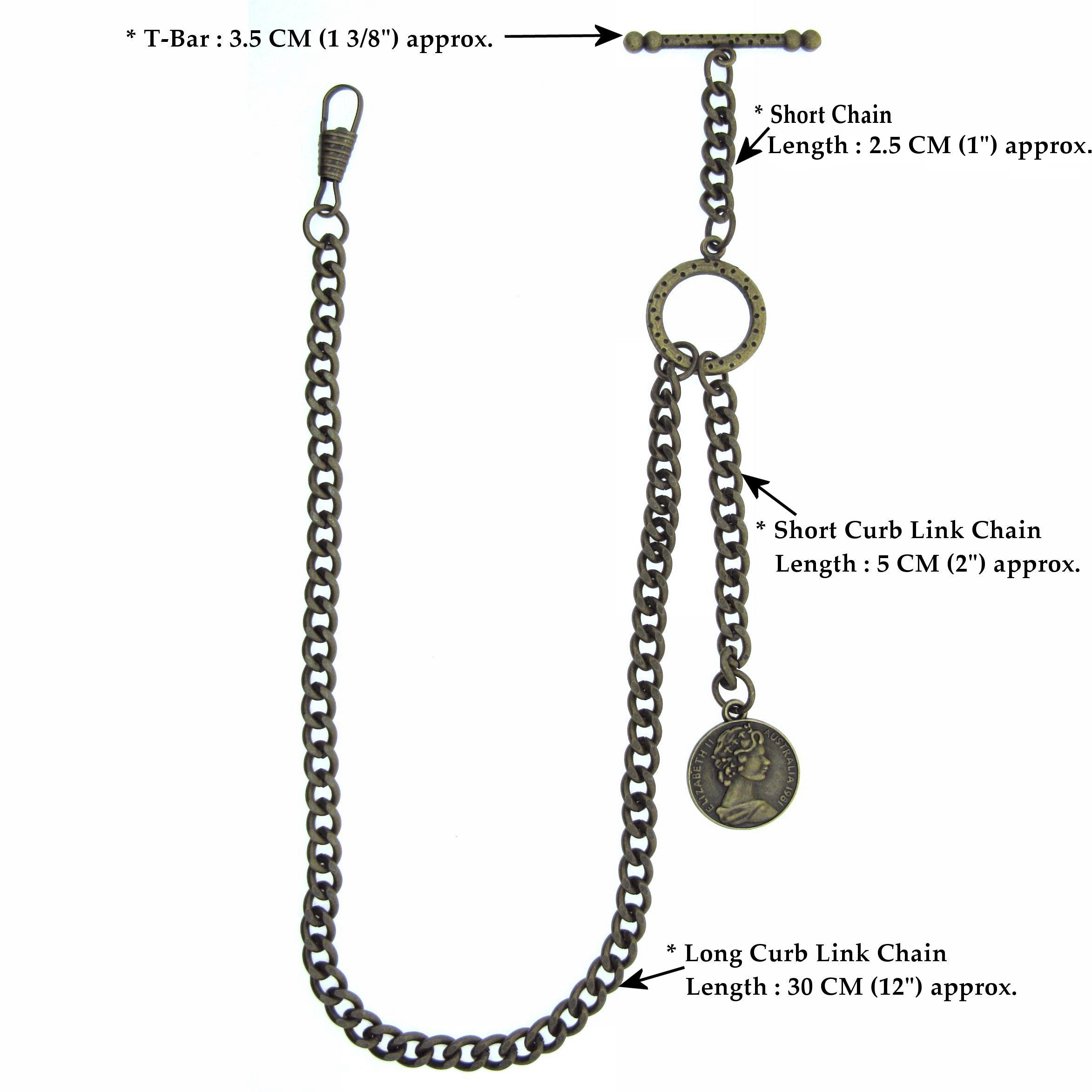 Albert Chain Pocket Watch Chains for Men Antique Brass Color with Queen Elizabeth Half Penny Coin Design Fob T Bar ACT106