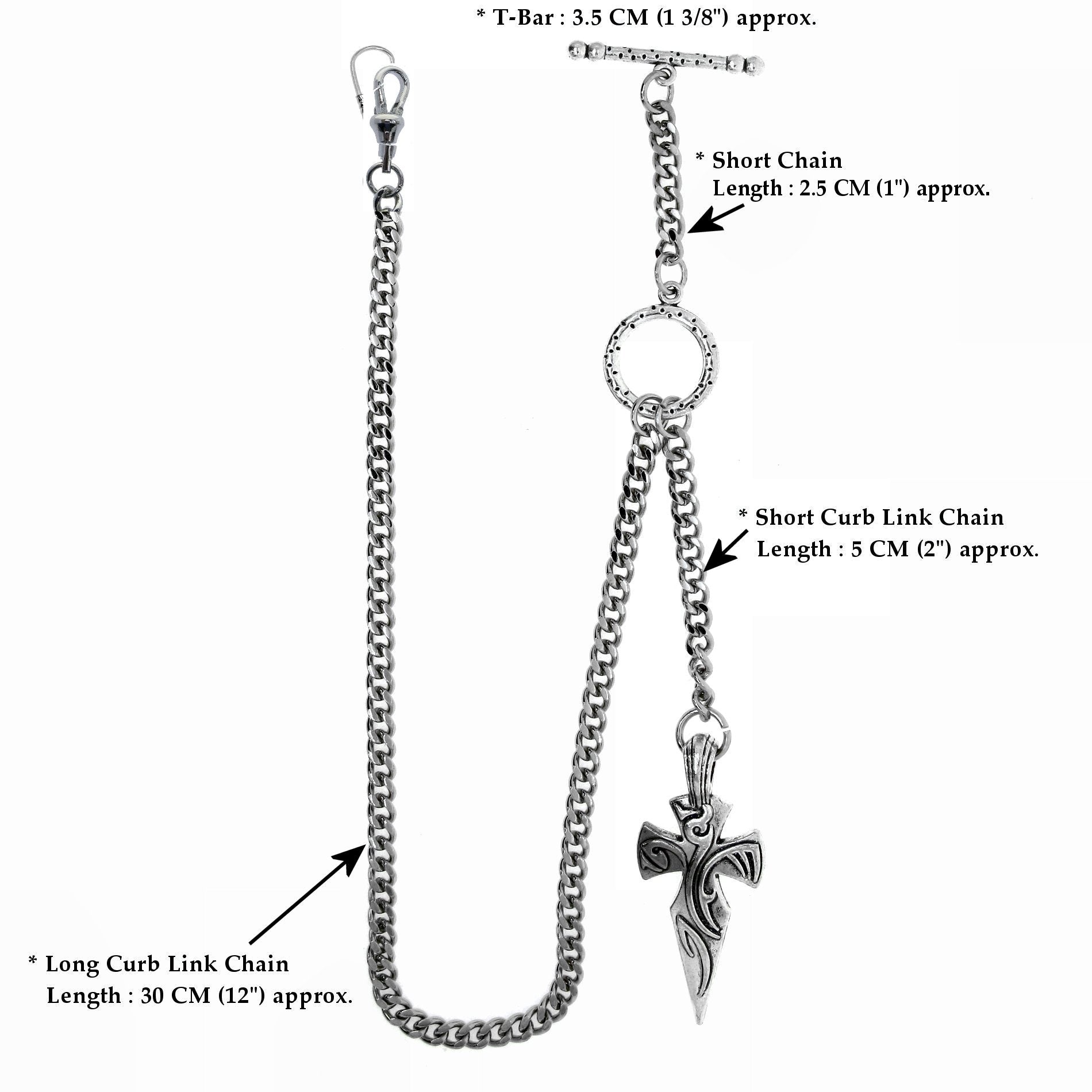 Silver Color Albert Chain using in Jean & Vest with Religious Cross Design Fob ACT113