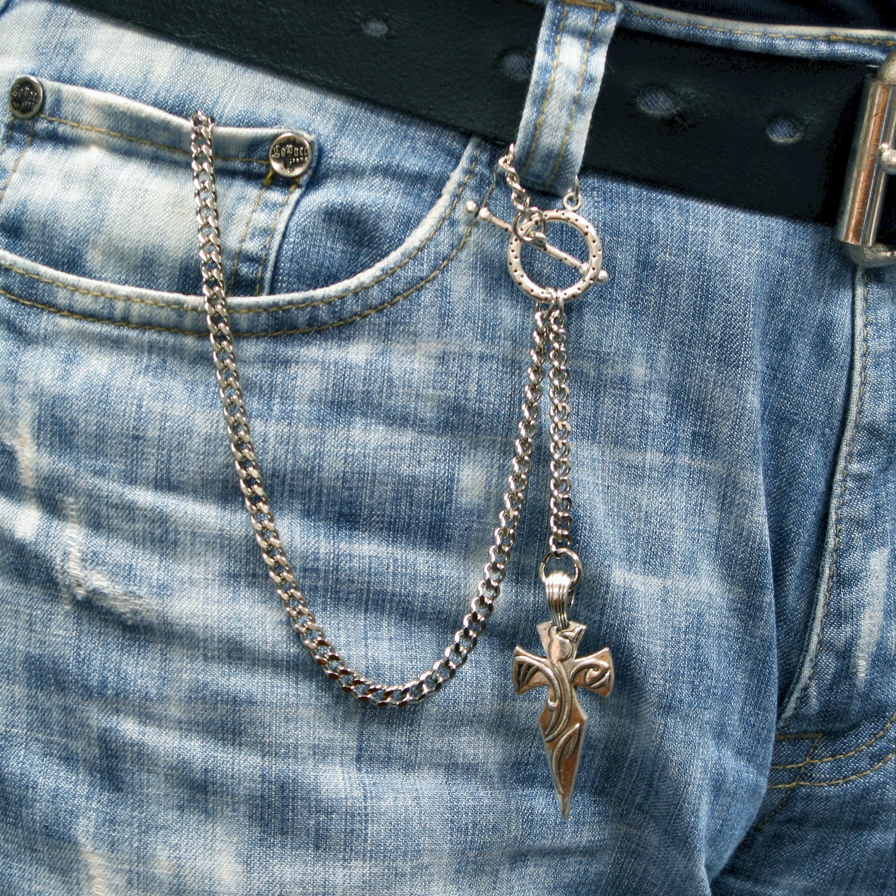 Silver Color Albert Chain using in Jean & Vest with Religious Cross Design Fob ACT113