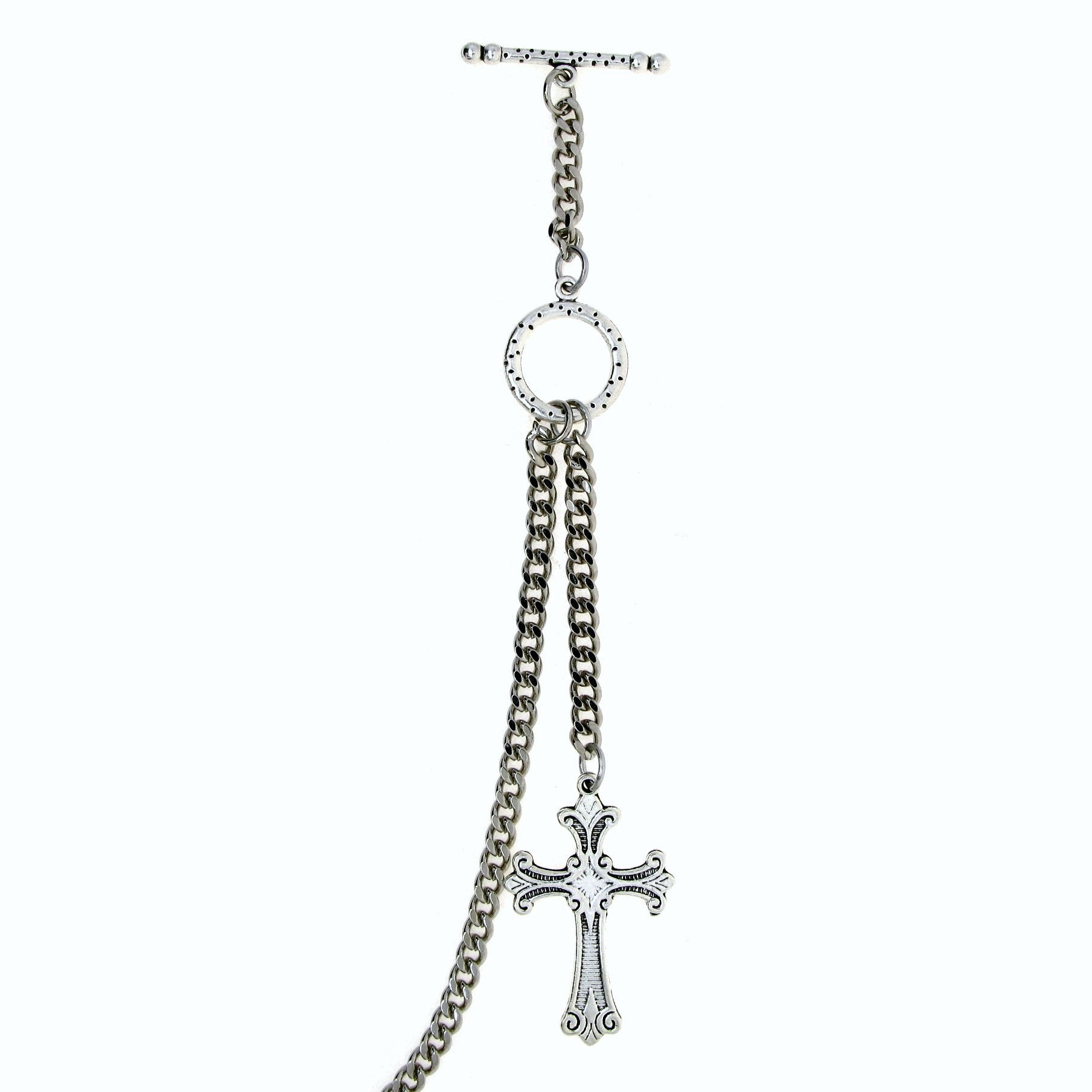 Albert Pocket Watch Chain Silver Color Vest Chain for Men - 2 Ways Usage on Vests & Trousers or Jeans with Religious Cross Design Fob T Bar ACT114A