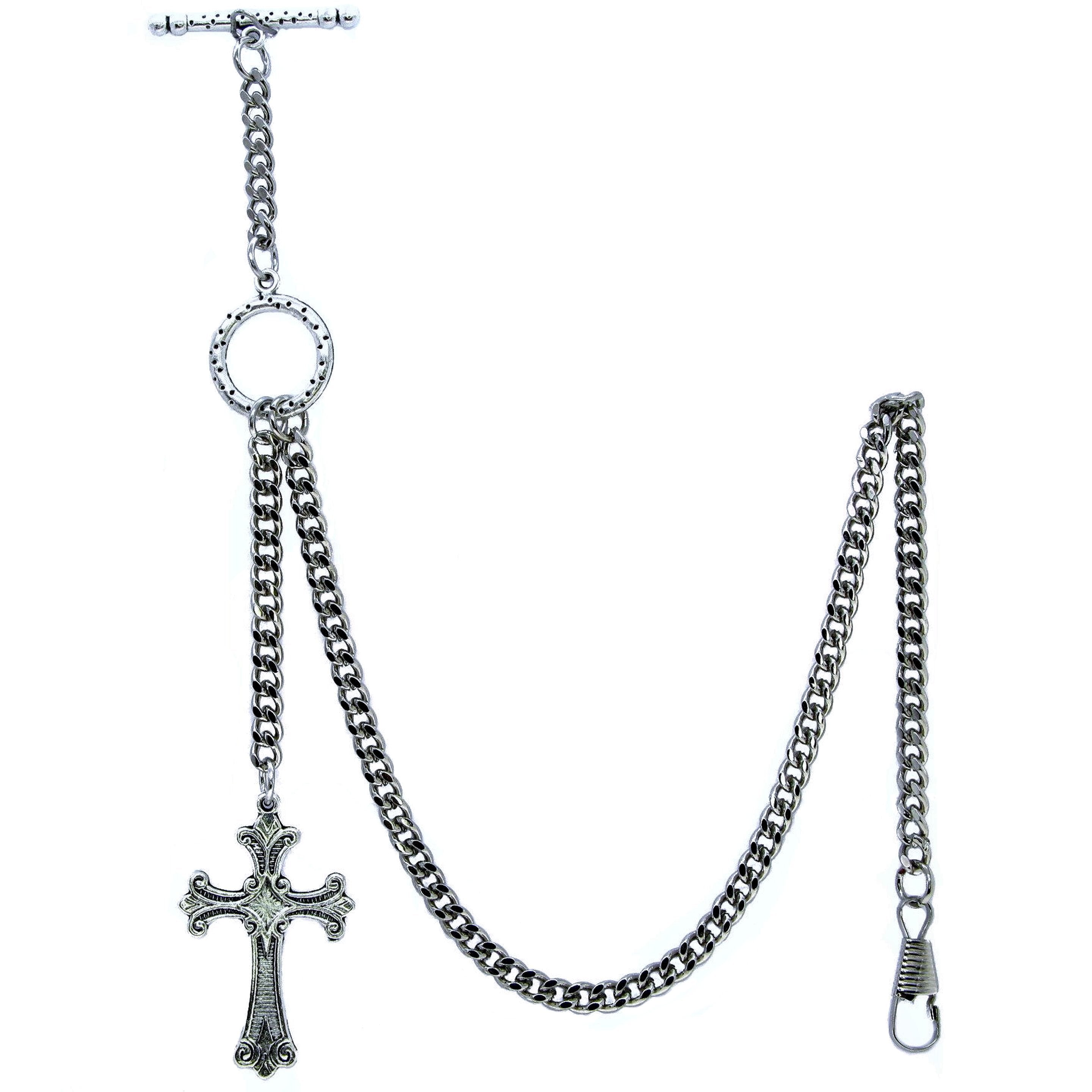 Albert Pocket Watch Chain Silver Color Vest Chain for Men - 2 Ways Usage on Vests & Trousers or Jeans with Religious Cross Design Fob T Bar ACT114A