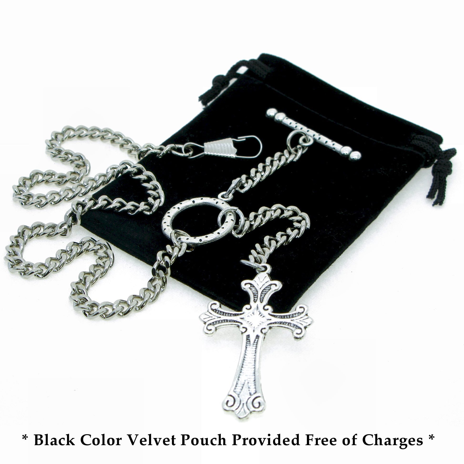 Albert Pocket Watch Chain Silver Color Vest Chain for Men - 2 Ways Usage on Vests & Trousers or Jeans with Religious Cross Design Fob T Bar ACT114A
