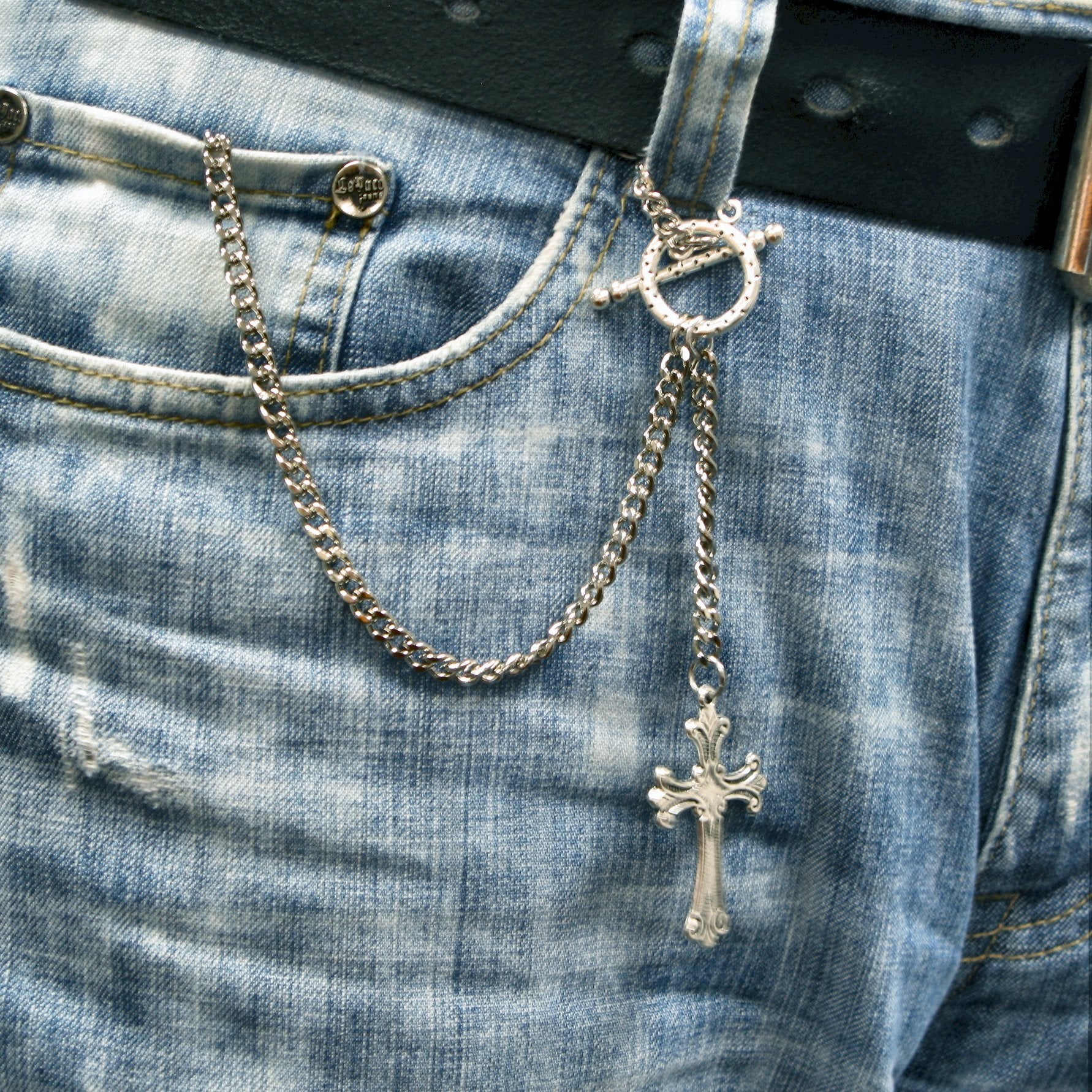 Albert Pocket Watch Chain Silver Color Vest Chain for Men - 2 Ways Usage on Vests & Trousers or Jeans with Religious Cross Design Fob T Bar ACT114A