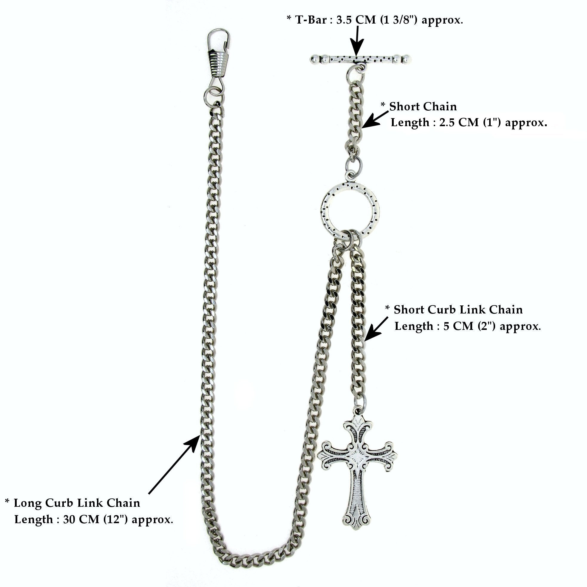 Albert Pocket Watch Chain Silver Color Vest Chain for Men - 2 Ways Usage on Vests & Trousers or Jeans with Religious Cross Design Fob T Bar ACT114A