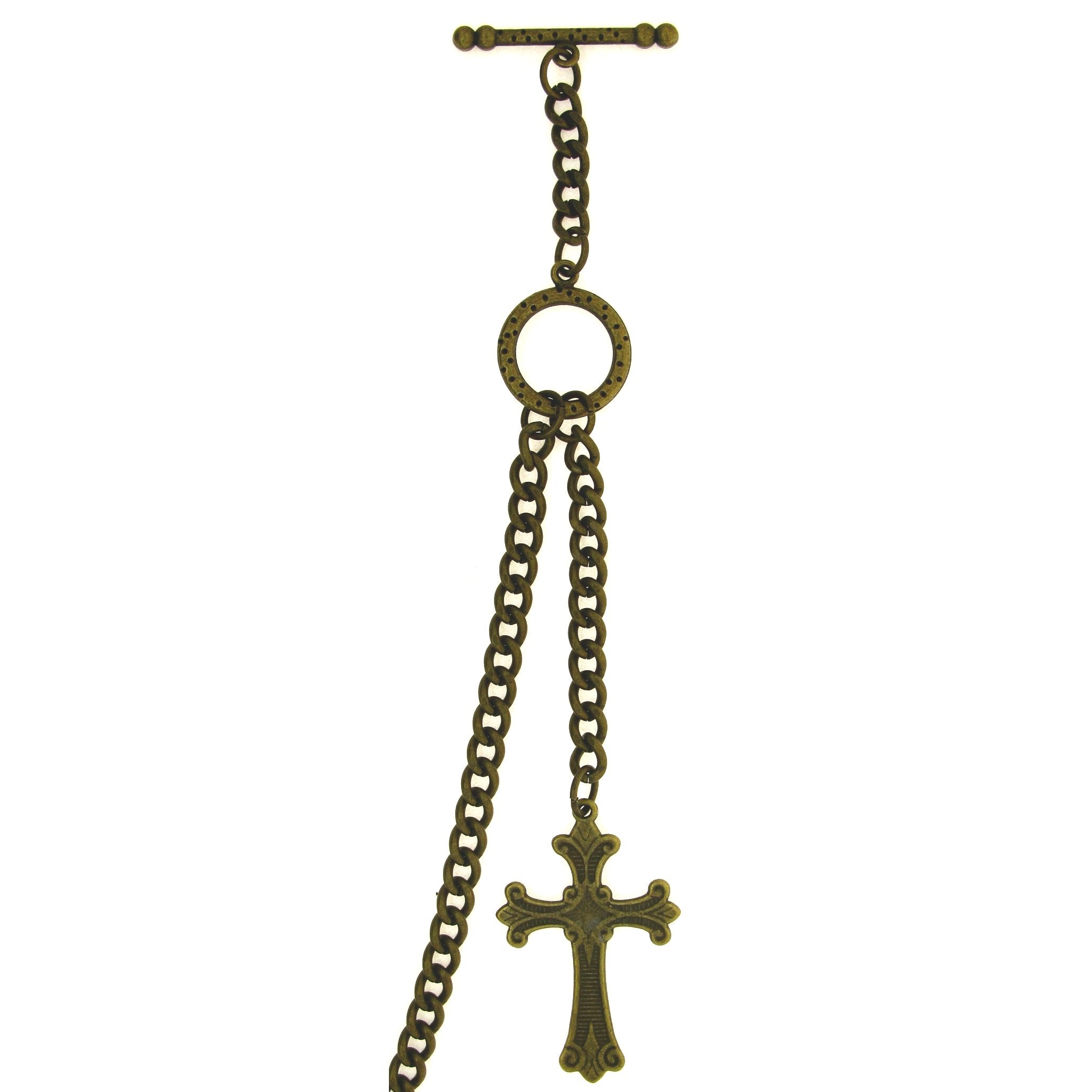 Albert Chain Pocket Watch Chains for Men Antique Brass Color - 2 Ways Usage on Vests & Trousers or Jeans with Religious Cross Design Fob T Bar ACT115