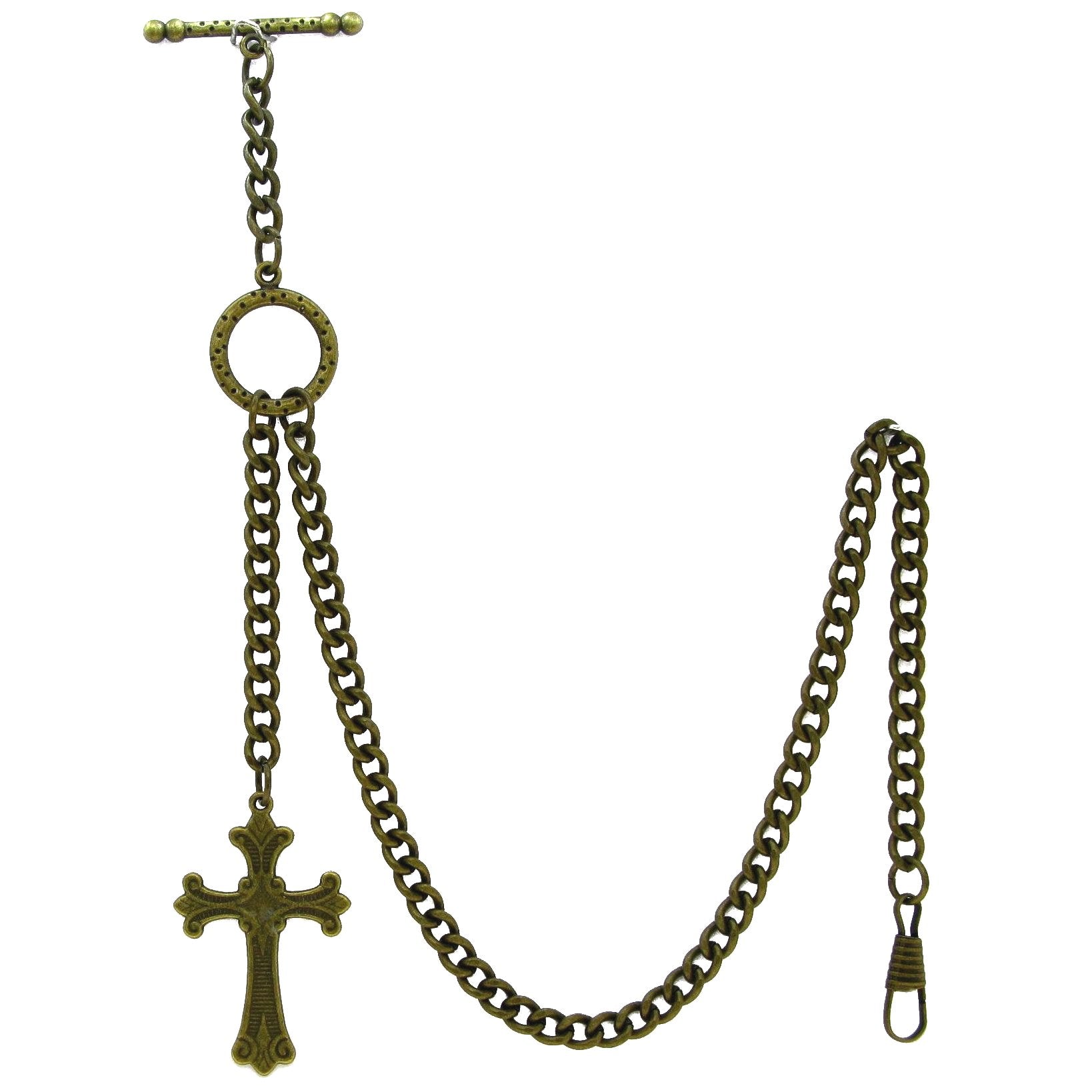 Albert Chain Pocket Watch Chains for Men Antique Brass Color - 2 Ways Usage on Vests & Trousers or Jeans with Religious Cross Design Fob T Bar ACT115