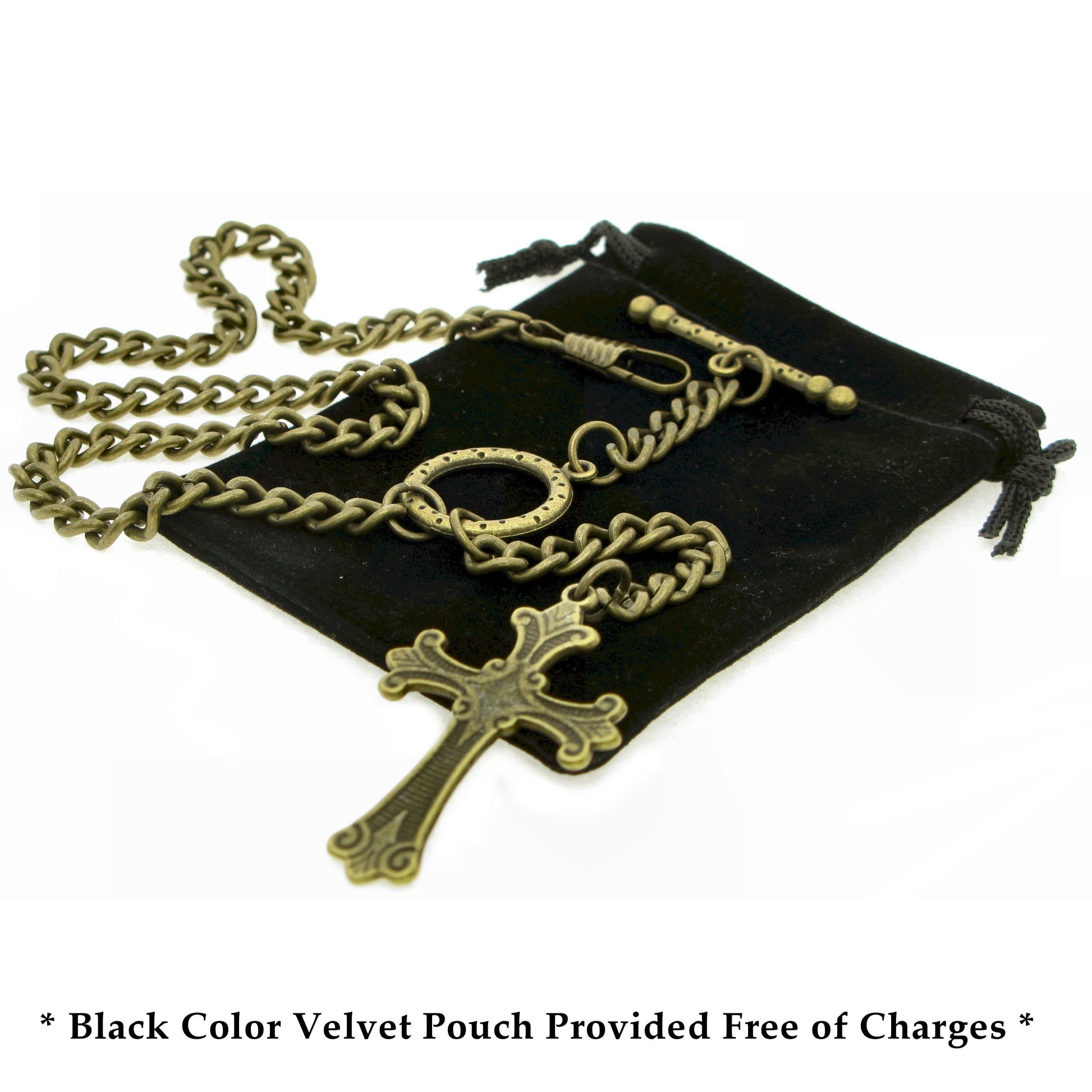 Albert Chain Pocket Watch Chains for Men Antique Brass Color - 2 Ways Usage on Vests & Trousers or Jeans with Religious Cross Design Fob T Bar ACT115