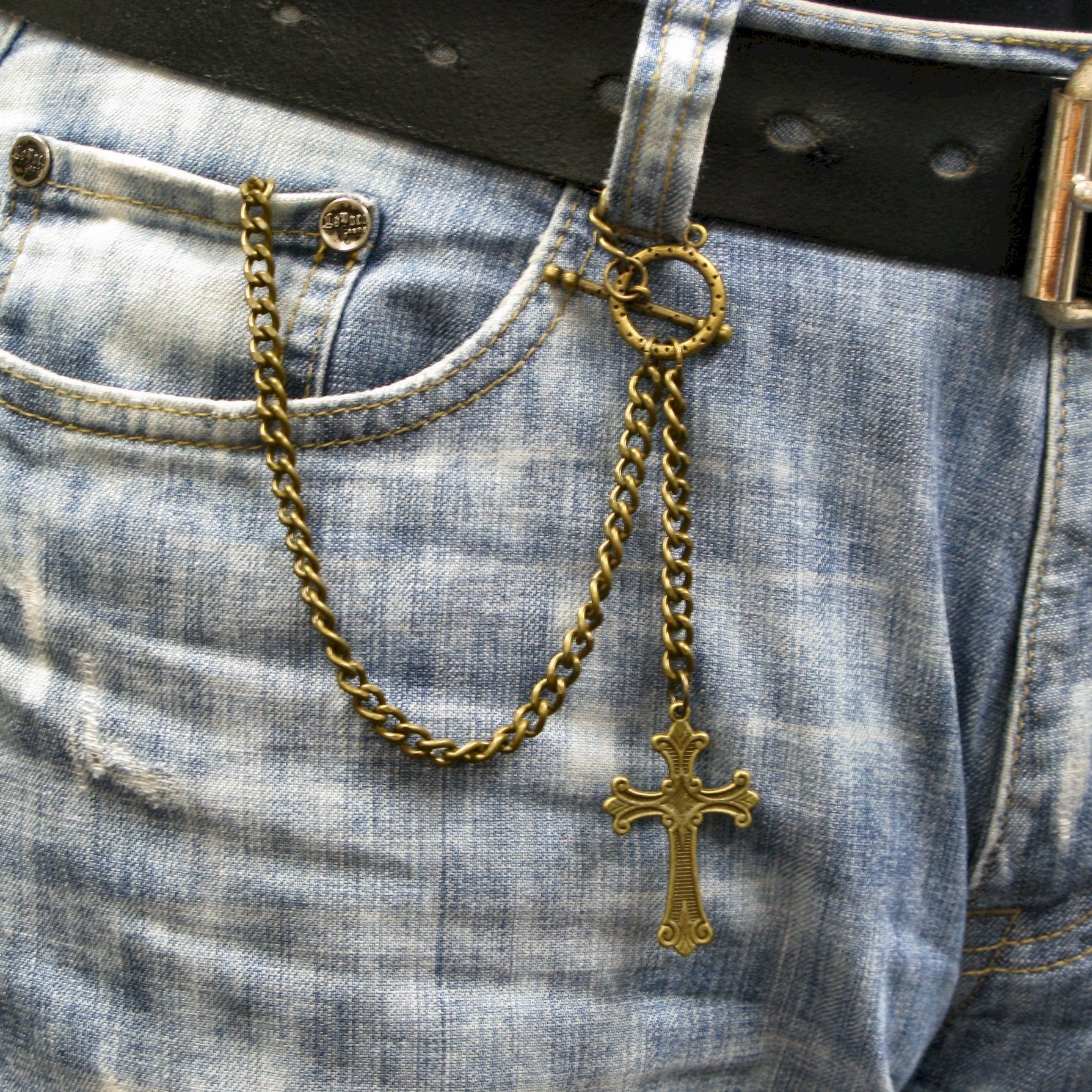 Albert Chain Pocket Watch Chains for Men Antique Brass Color - 2 Ways Usage on Vests & Trousers or Jeans with Religious Cross Design Fob T Bar ACT115