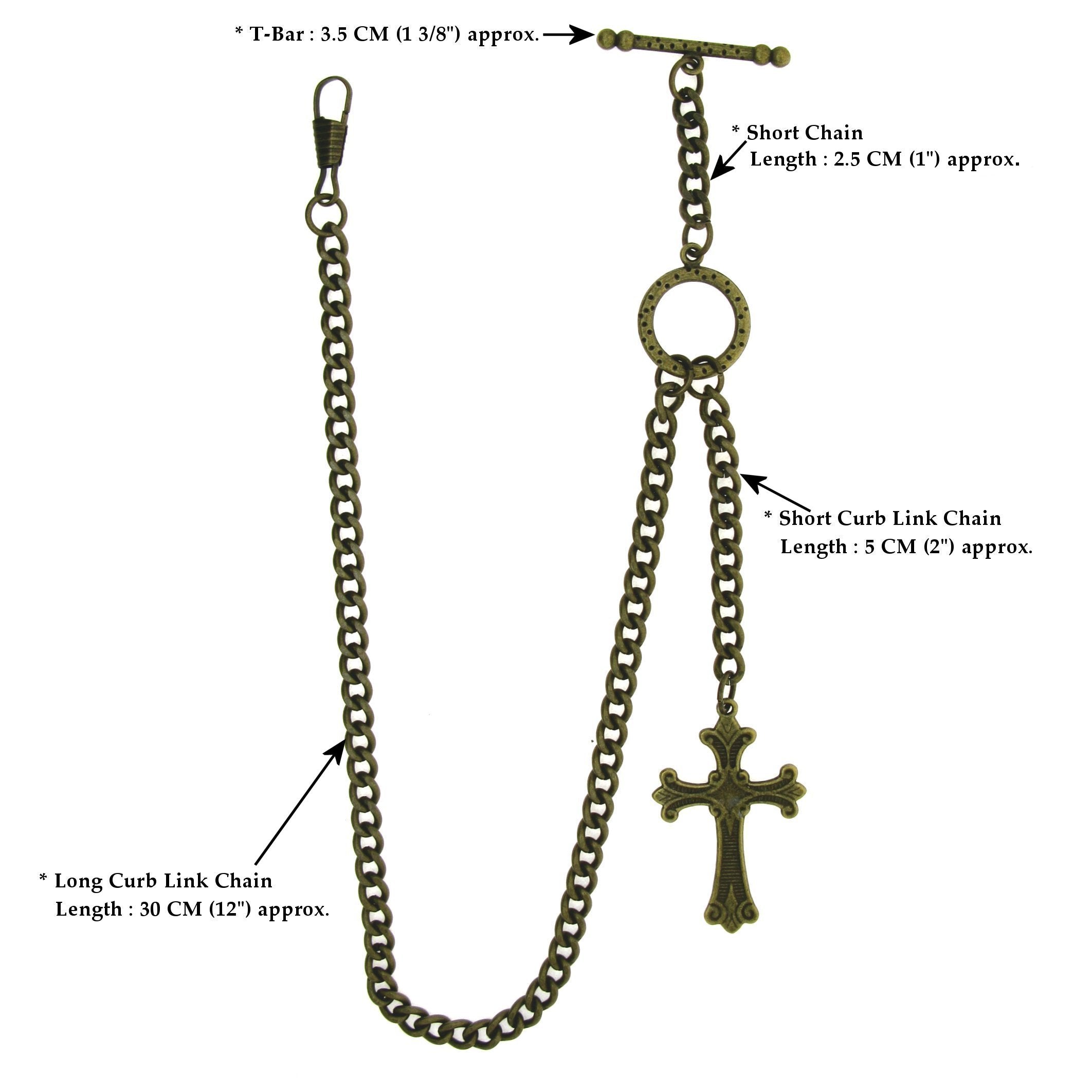 Albert Chain Pocket Watch Chains for Men Antique Brass Color - 2 Ways Usage on Vests & Trousers or Jeans with Religious Cross Design Fob T Bar ACT115