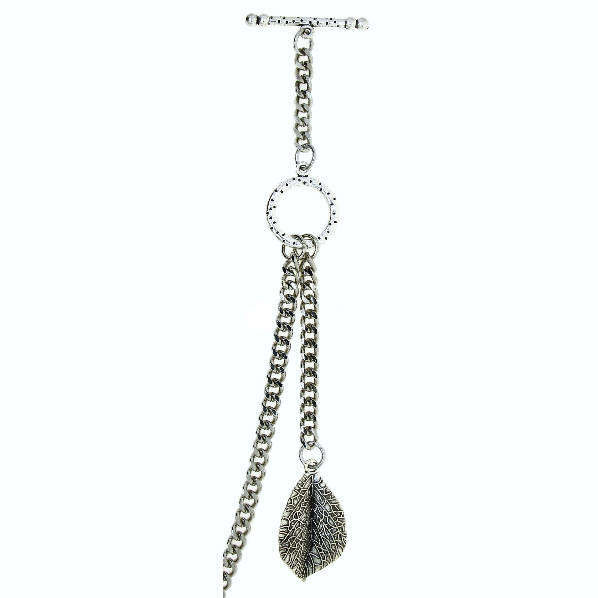 Albert Chain Silver Color Pocket Watch Chains for Men - 2 Ways Usage on Vests & Trousers or Jeans with Leaf Design Fob T Bar ACT116