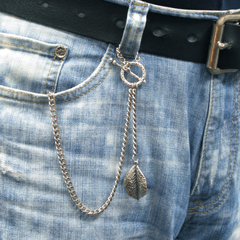 Albert Chain Silver Color Pocket Watch Chains for Men - 2 Ways Usage on Vests & Trousers or Jeans with Leaf Design Fob T Bar ACT116