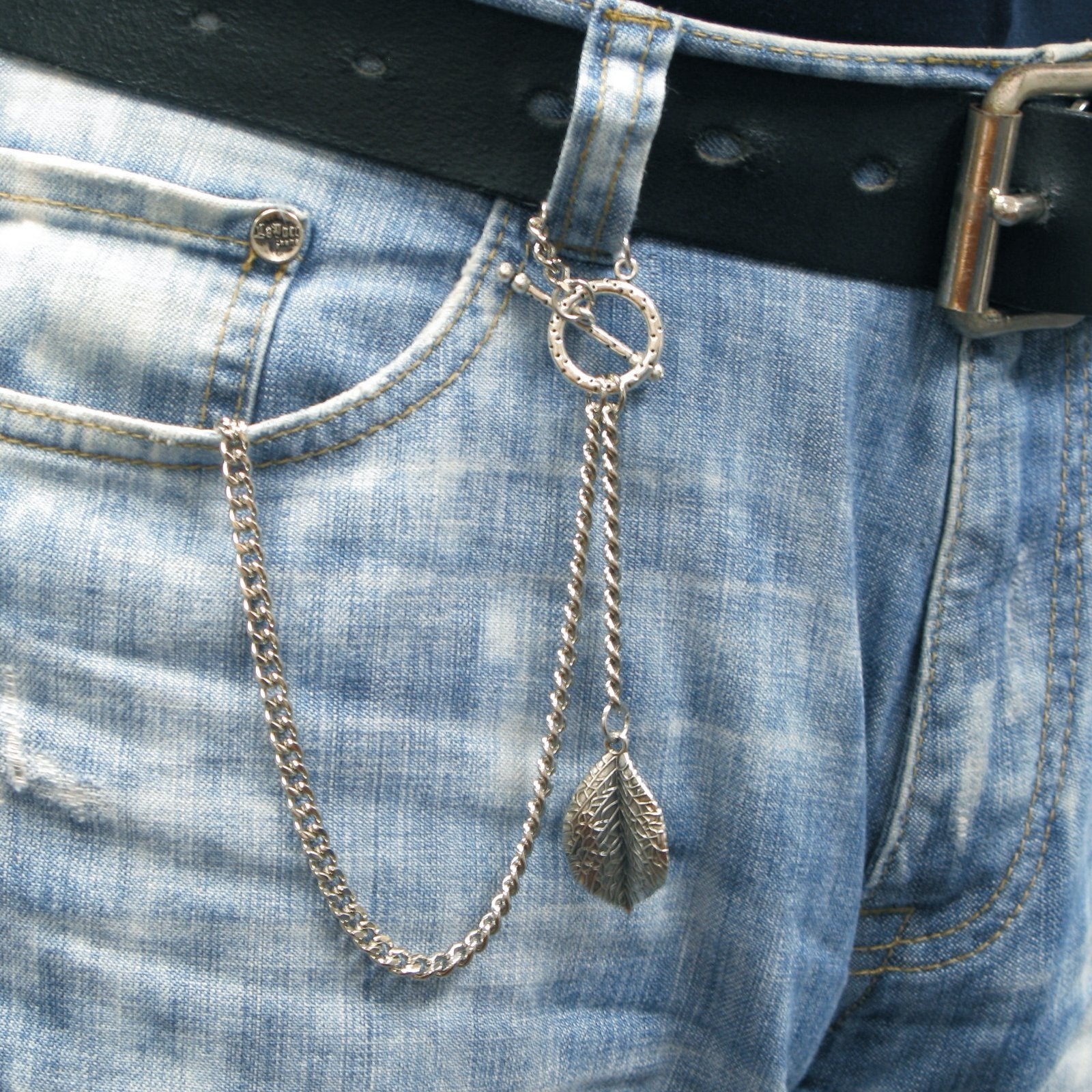Albert Chain Silver Color Pocket Watch Chains for Men - 2 Ways Usage on Vests & Trousers or Jeans with Leaf Design Fob T Bar ACT116