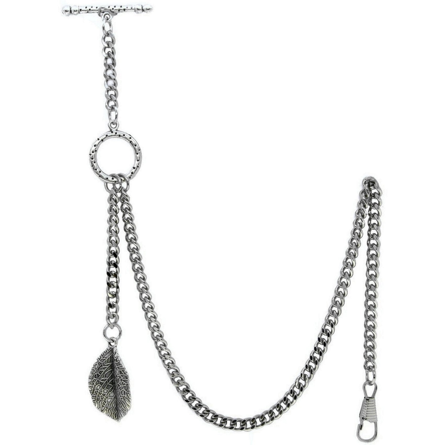 Albert Chain Silver Color Pocket Watch Chains for Men - 2 Ways Usage on Vests & Trousers or Jeans with Leaf Design Fob T Bar ACT116